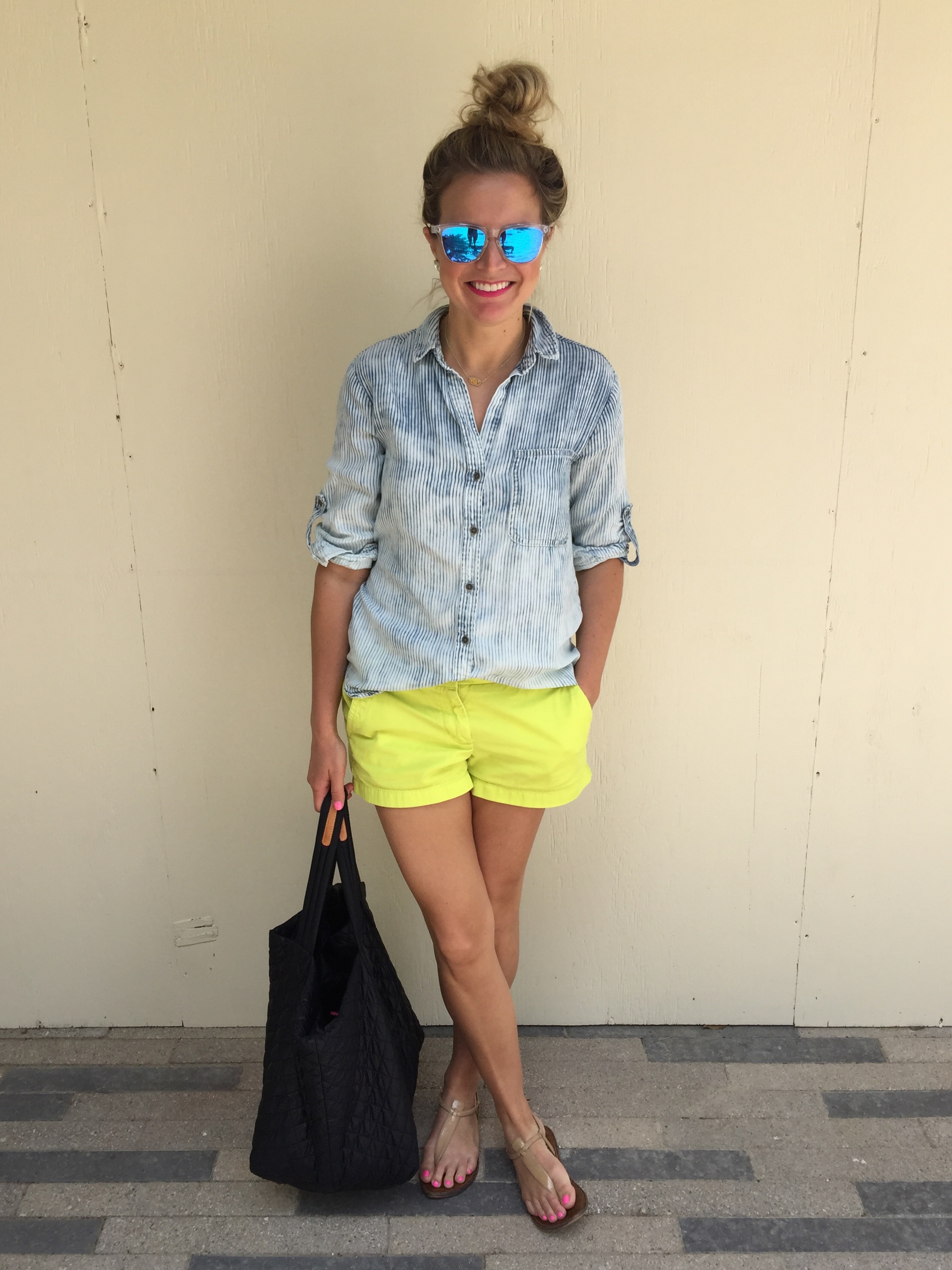 Highlighter Green Shorts and Chambray Shirt
