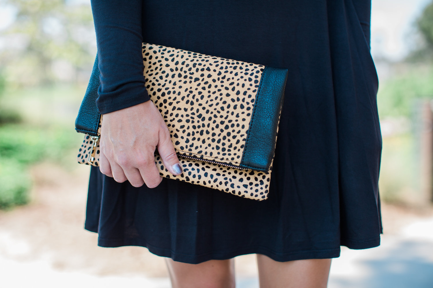 black dress-booties-leopard clutch