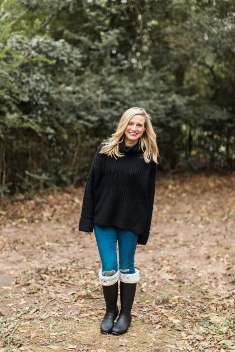 rain boots and turtleneck sweater 