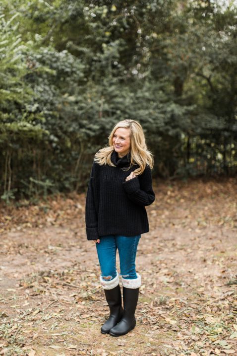 rain boots and turtleneck sweater 