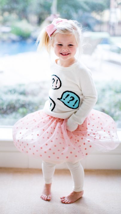 little girls skirt, sweater and leggings