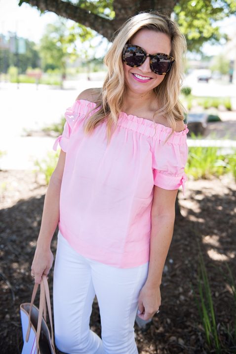 Pink Off the Shoulder Top, White Denim and Summer Tote - Fancy Ashley