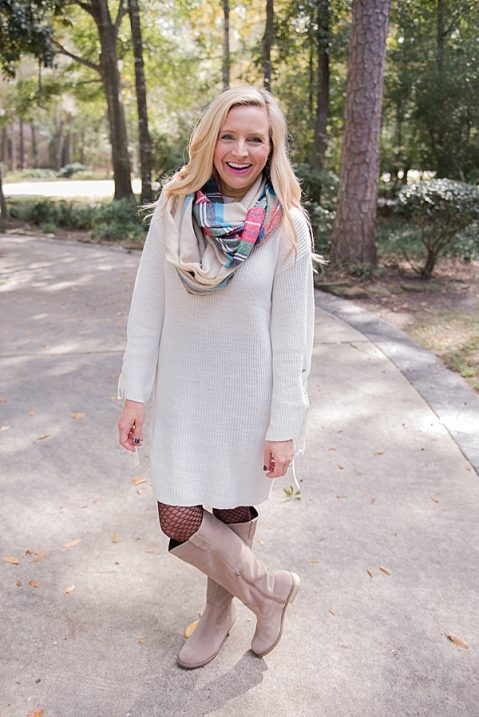 Sweater Dress, Scarf, Tights and Boots - Fancy Ashley