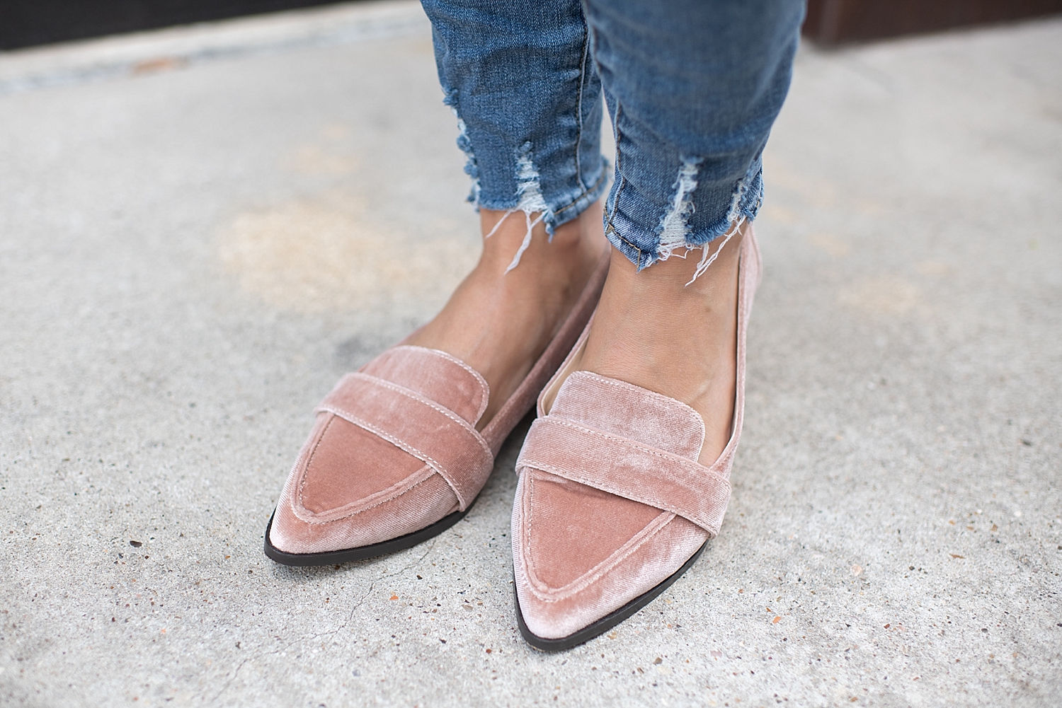 Sole Society velvet loafers styled by popular Houston fashion blogger, Fancy Ashley