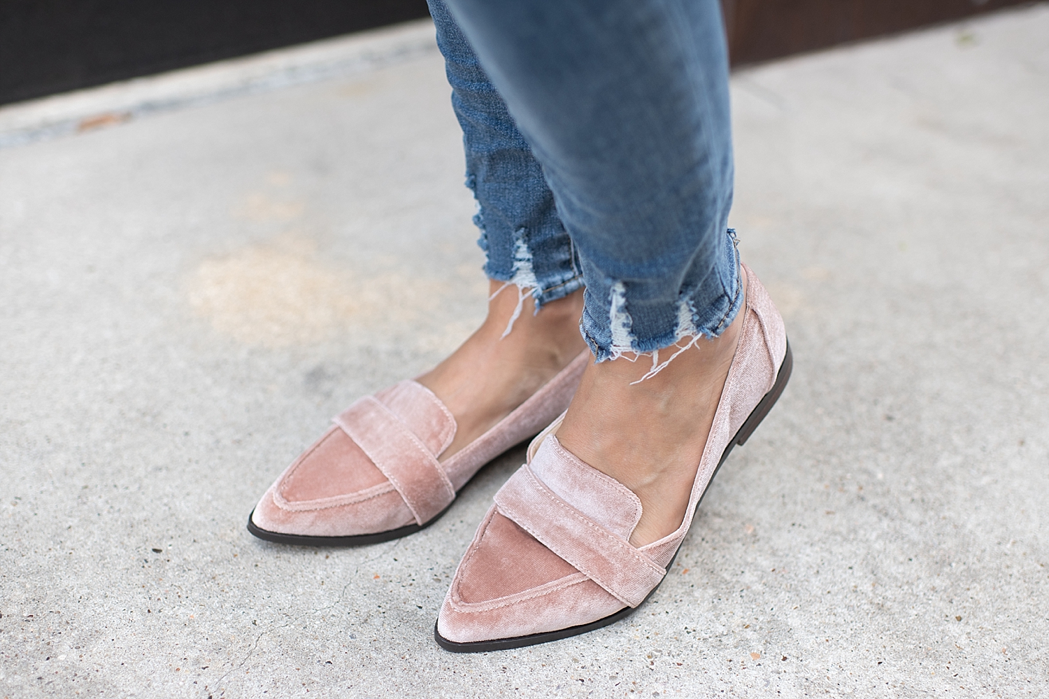 Sole Society velvet loafers styled by popular Houston fashion blogger, Fancy Ashley