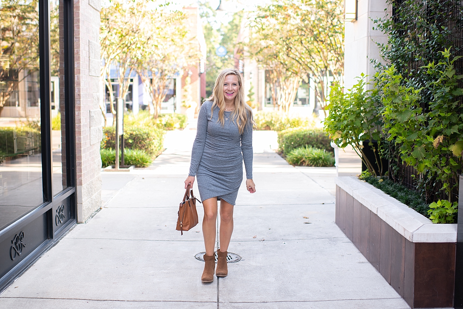 Leith Ruched Long Sleeve Fall Dress styled by popular Houston fashion blogger, Fancy Ashley