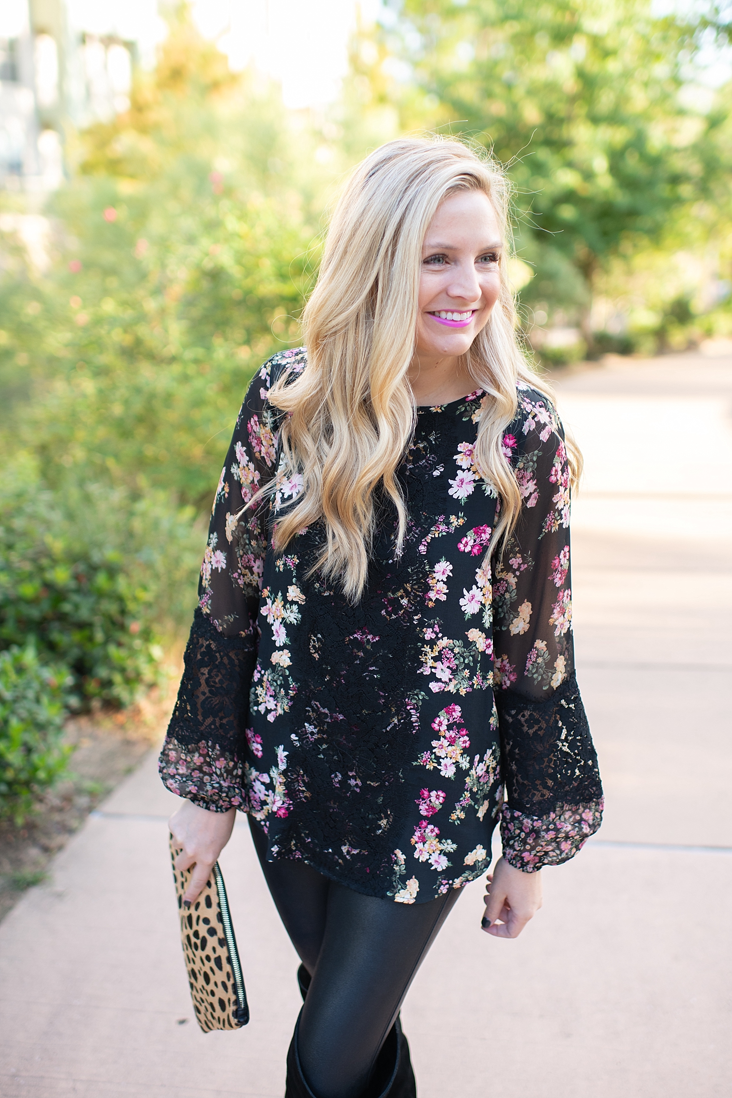 Karen Kane fall floral top available at Bloomingdales and featured by top Houston fashion blog, Fancy Ashley