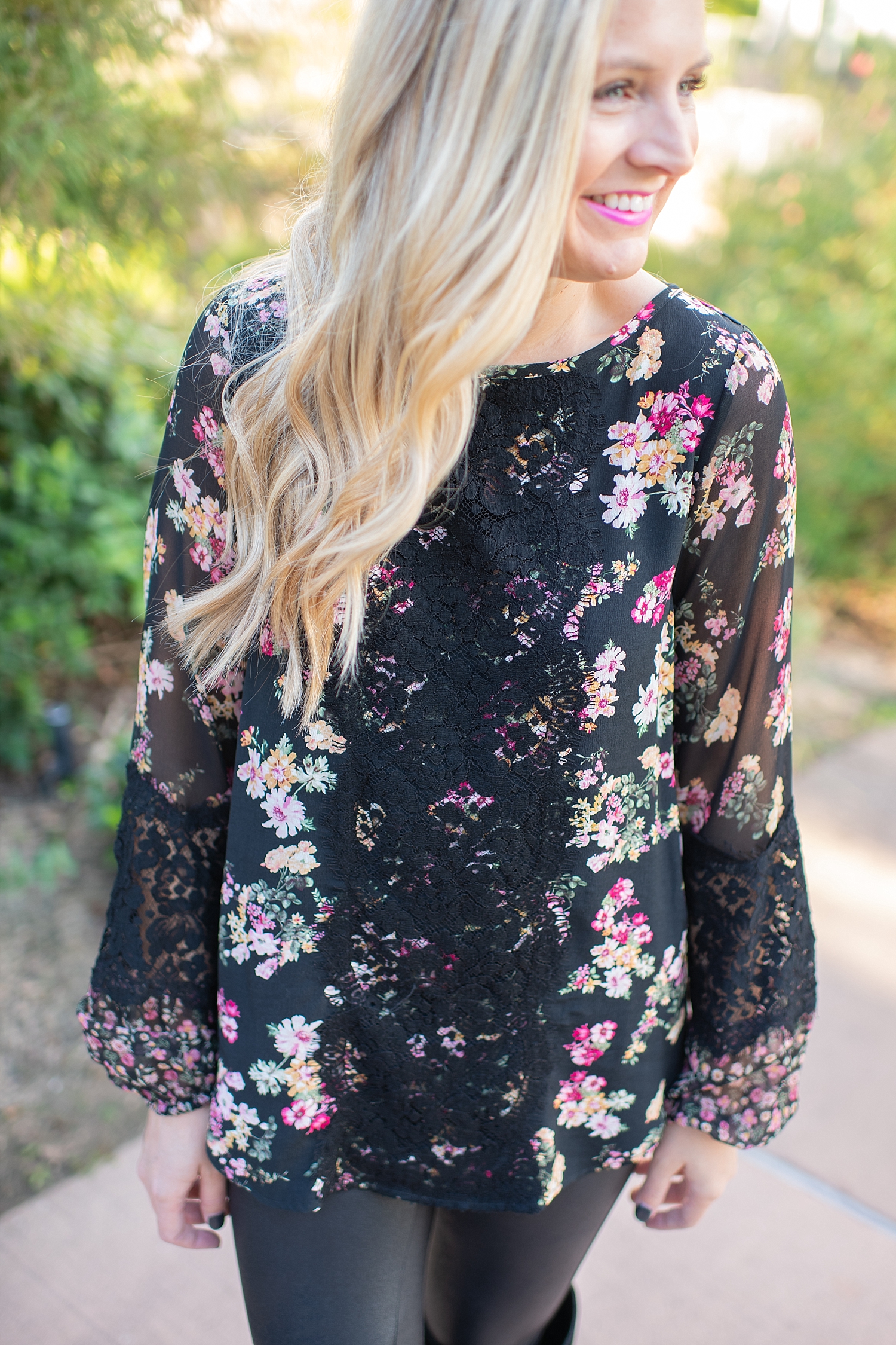 Karen Kane fall floral top available at Bloomingdales and featured by top Houston fashion blog, Fancy Ashley