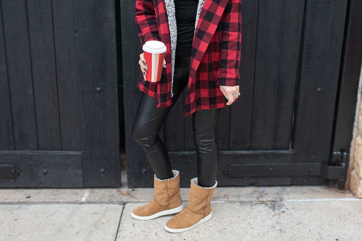 Fancy Ashley x Social Threads collection featured by top Houston fashion blogger, Fancy Ashley: image of a woman wearing a Social Threads plaid coat, Social Threads faux leather leggings, and UGG sneakers