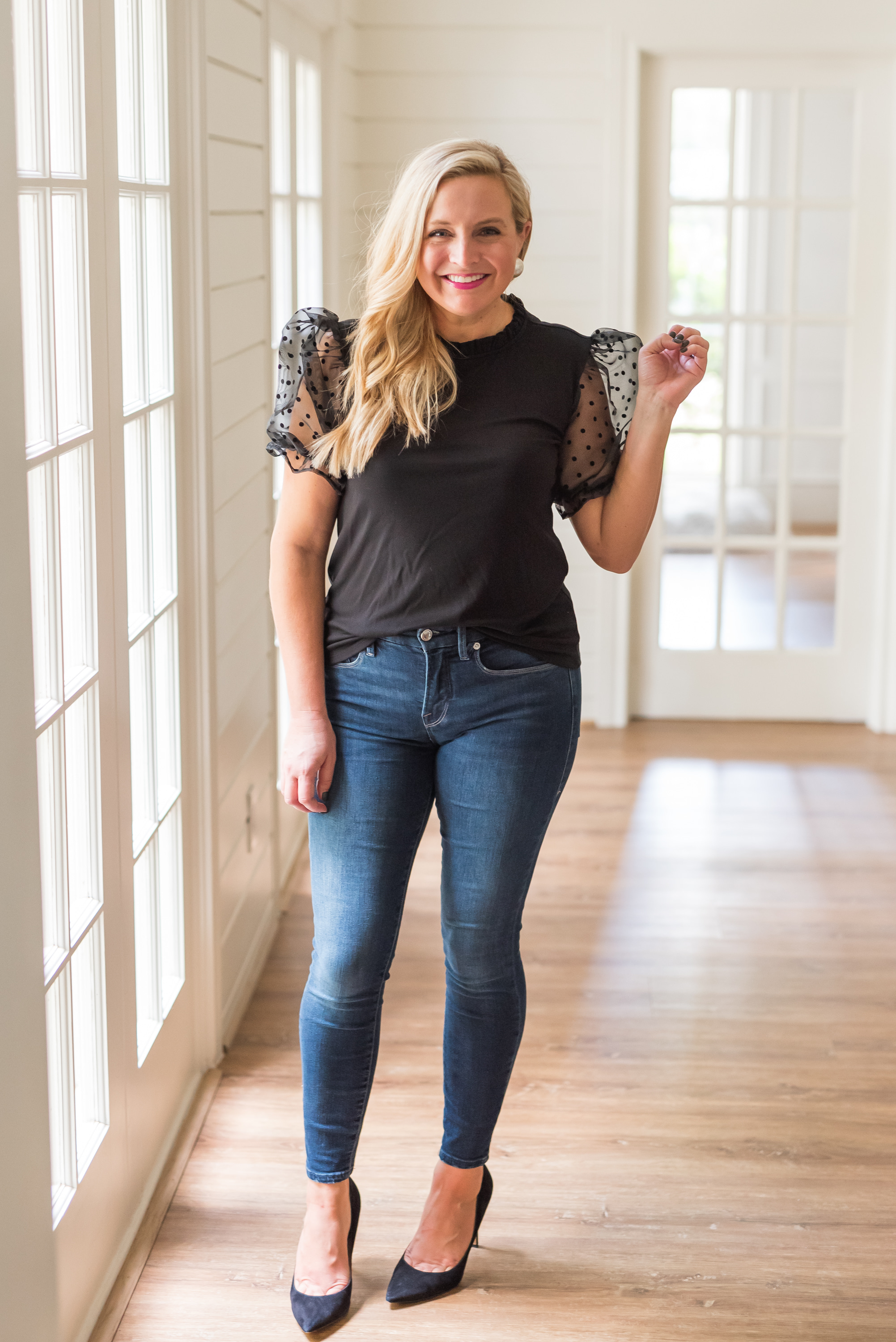 Hi Sugarplum by popular Houston fashion blog, Fancy Ashley: image of a woman wearing a Gibson Look Piccadilly Sheer Puff Sleeve Knit Top, Jeans, J.Crew Oversized pearl earrings, and Nordstrom Danna Pointed Toe Pump SAM EDELMAN.