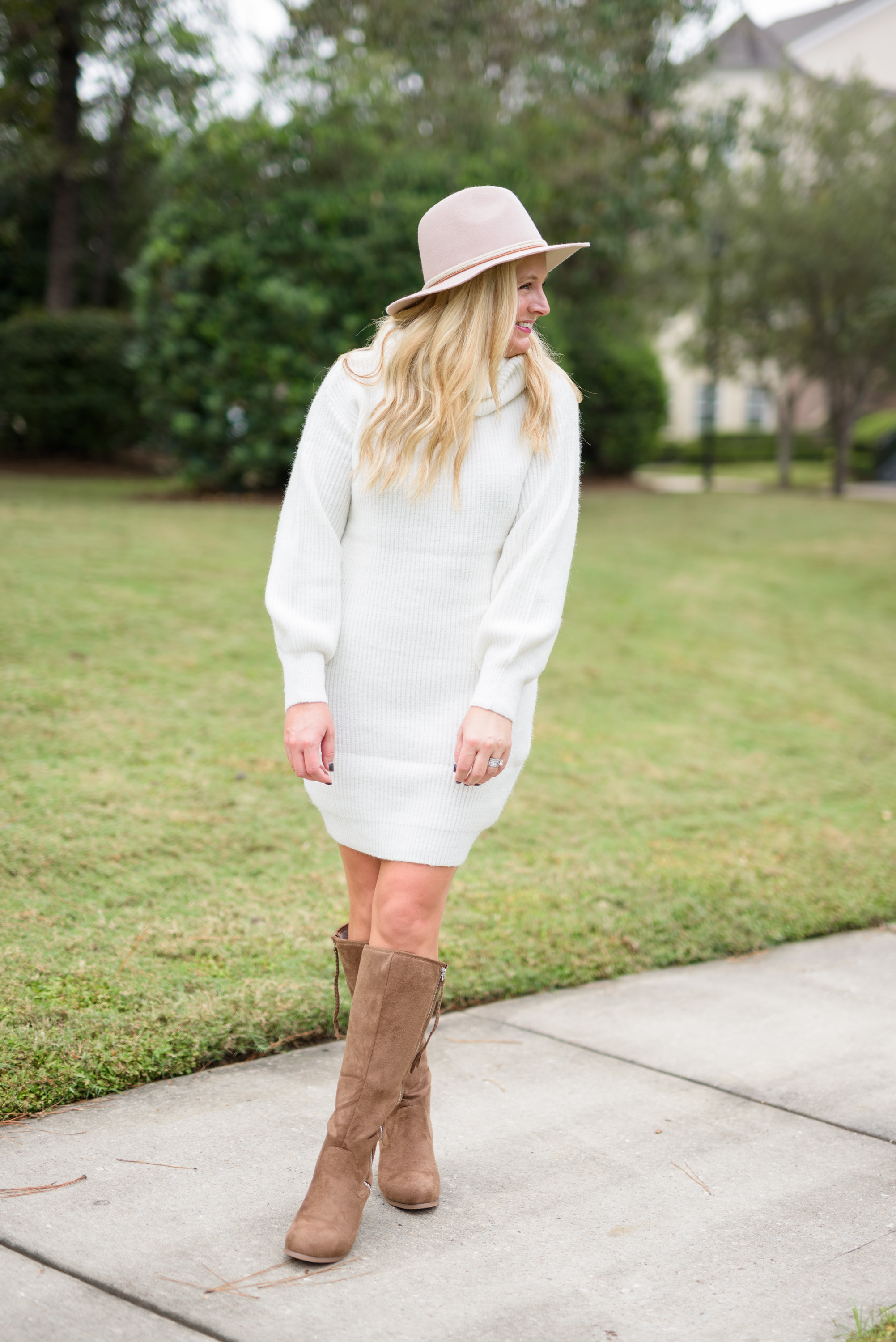 Knee High Boots by popular Houston fashion blog, Fancy Ashley: image of a woman standing outside and wearing a Nordstrom Rack TOPSHOP Turtleneck Sweater Dress, Nordstrom Rack JOURNEE Collection Sanora Knee High Boot, and Nordstrom Rack Frye Braided Crown Felted Fedora Hat.