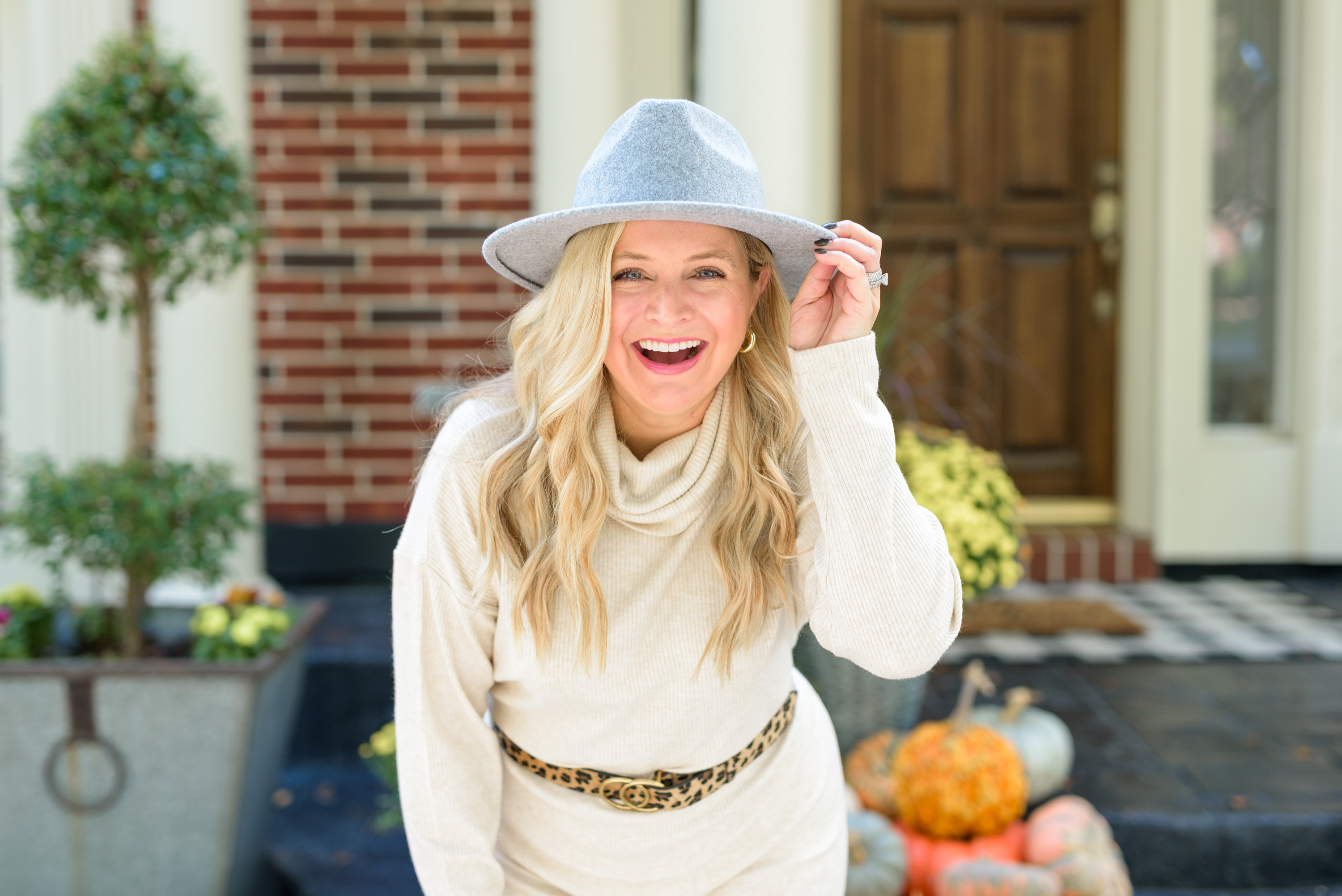 Fall Clothing by popular Houston fashion blog, Fancy Ashley: image of a woman wearing a Walmart Time and Tru Women's Cowlneck Dress,Scoop Alexandra Women’s Over the Knee Heeled Boots,Time and Tru Women's Chenille Fedora with Braided Trim, and Walmart Women Leopard Print Leather Belt with Alloy Buckle.