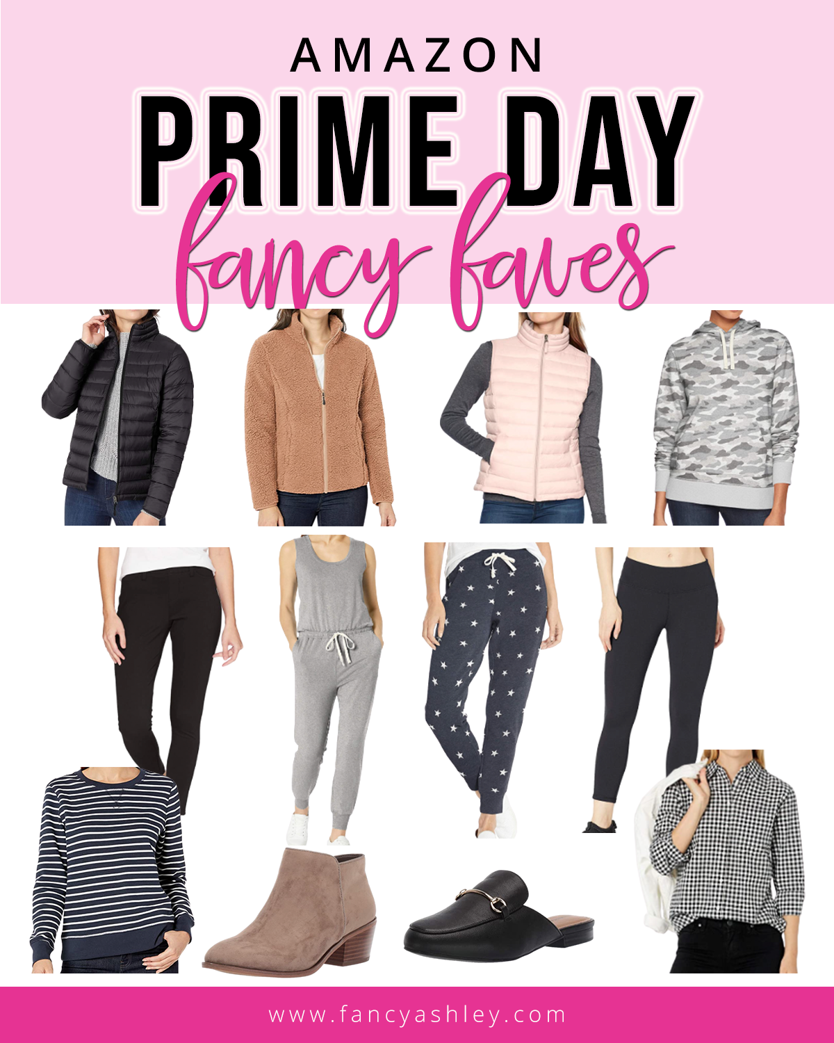 Prime Day by popular Houston life and style blog, Fancy Ashley: collage image of black slide mules, brown suede ankle boots, black puffer jacket, pink puffer vest, camo hoodie, star print joggers, black and white gingham shirt, and fleece jacket. 