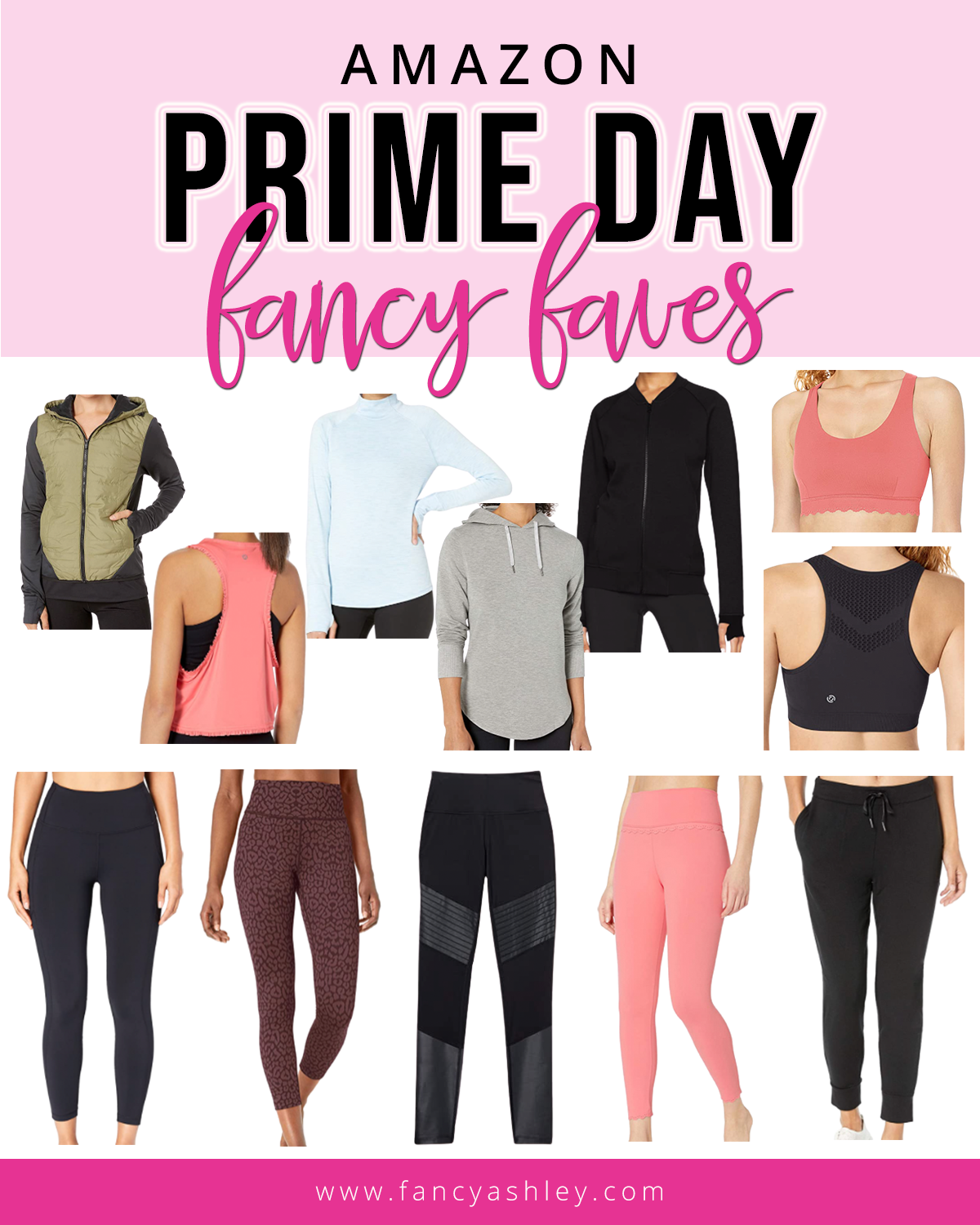 Prime Day by popular Houston life and style blog, Fancy Ashley: collage image of leggings, hoodies, vests, and sports bras. 