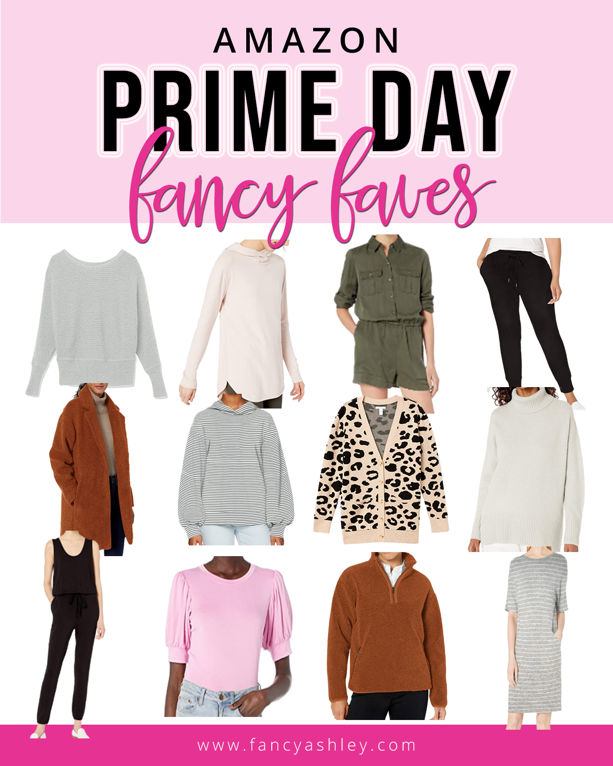 Prime Day by popular Houston life and style blog, Fancy Ashley: collage image of a wubby fleece jacket, wubby fleece pullover, black jogger pants, black jumpsuit, leopard print sweater, pink puff sleeve shirt, grey hoodie sweatshirt, and grey stripe dress. 