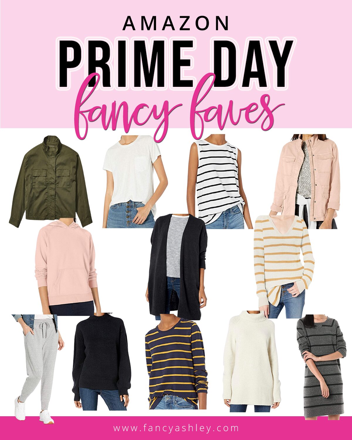 Prime Day by popular Houston life and style blog, Fancy Ashley: collage image of jackets, joggers, long sleeve t-shirts, sweaters, tank tops, and a t-shirt dress. 