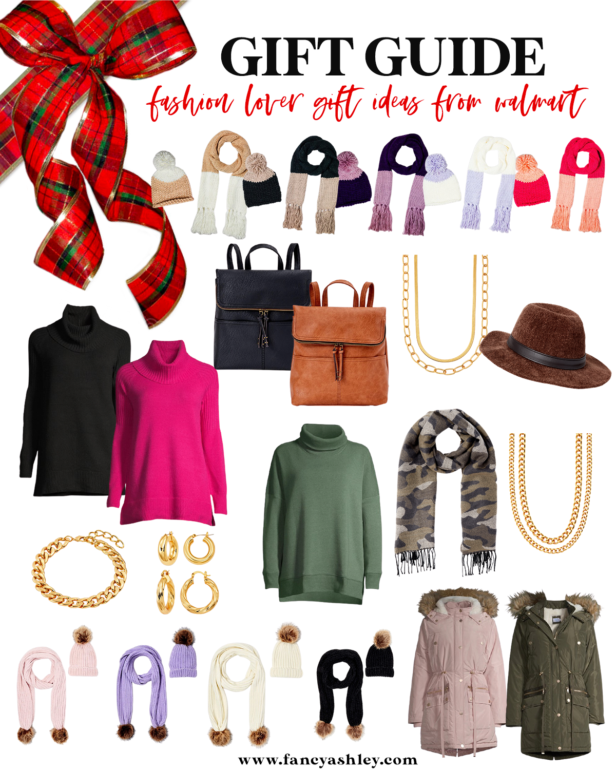 Walmart Gift Ideas by popular Houston life and style blog, Fancy Ashley: collage image of a turtle neck sweaters, camo scarf, fedora hat, suede and faux leather backpacks, coats, matching scarf and beanie set, gold chain necklace, gold chain bracelet, and gold hoop earrings. 