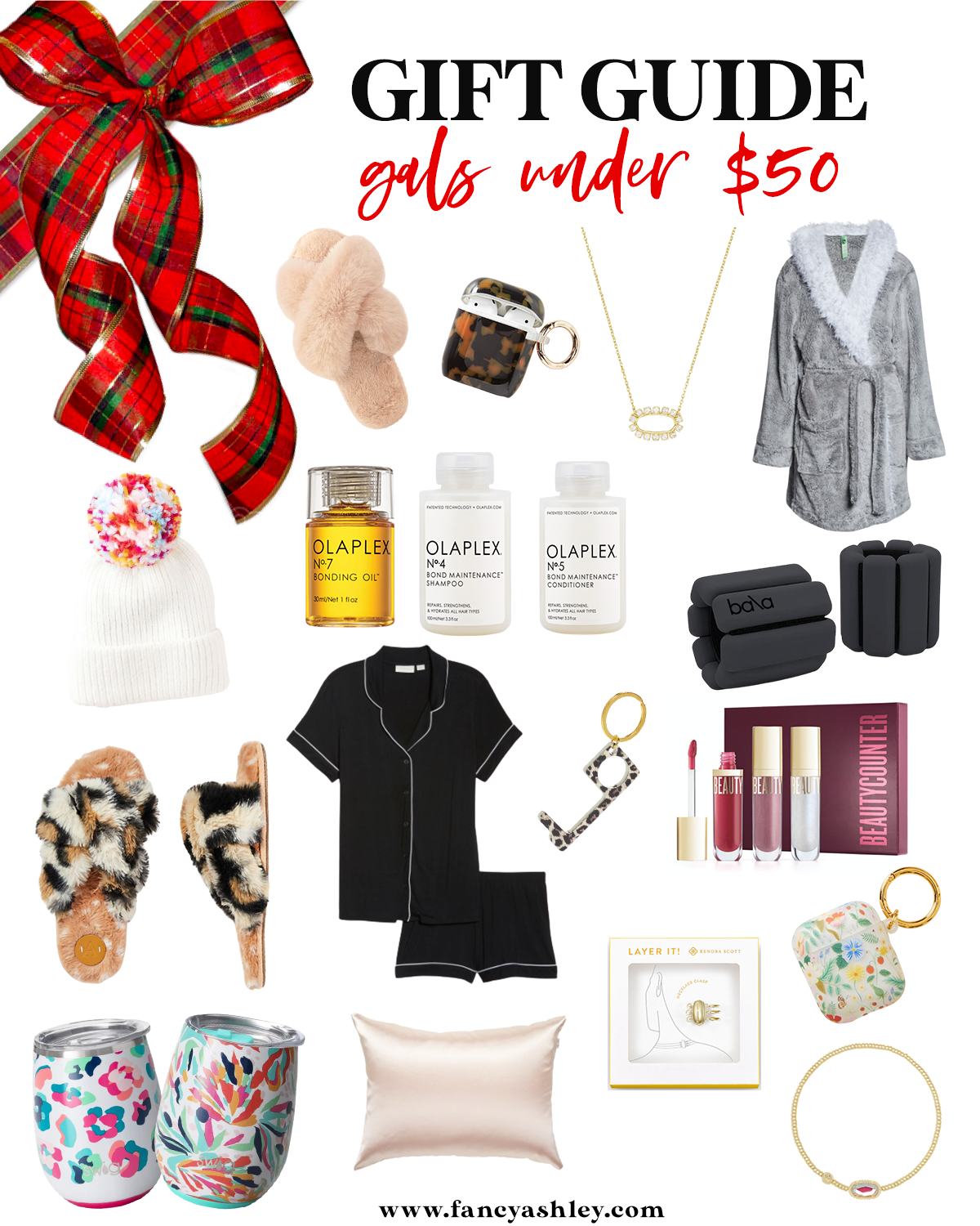 Gifts Under $50 by popular Houston life and style blog, Fancy Ashley: collage image of BLUSH SLIPPERS, TORTOISE AIRPODS CASE, KENDRA SCOTT NECKLACE , FAUX FUR ROBE, RIBBED BEANIE, OLAPLEX BONDING OIL, OLAPLEX SHAMPOO, OLAPLEX CONDITIONER, BALA BANGLES, LEOPARD SLIPPERS, PAJAMA SET, PROTECTIVE KEYCHAIN, BEAUTYCOUNTER GLOSS SET, LEOPARD TUMBLER, SATIN PILLOW CASE, NECKLACE CLASP, RIFLE PAPER AIRPODS CASE, and KENDRA SCOTT  BRACELET.