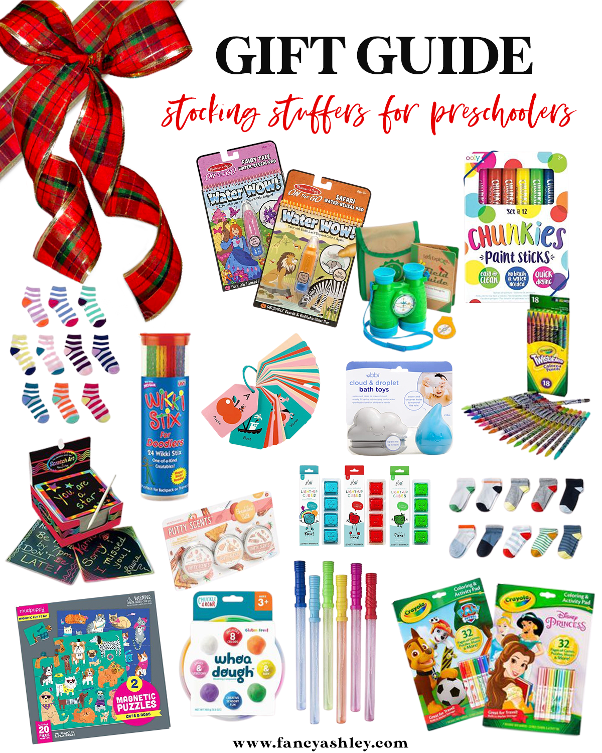 Stocking Stuffer Ideas by popular Houston lifestyle blog, Fancy Ashley: collage image of water wow fairy village, water wow safari, Binoculars and Compass play set, chunkies paint sticks, Girls socks, Wikki Stix, ABC flash cards, raindrop and cloud bath toys, Twistables scratch art notepads, Scented putty, Light up cubes, Boys Socks, Magnetic Puzzles, Whoa Dough, Bubble wands, Paw Patrol coloring and activity pad, Disney Princess Coloring and Activity Pad.