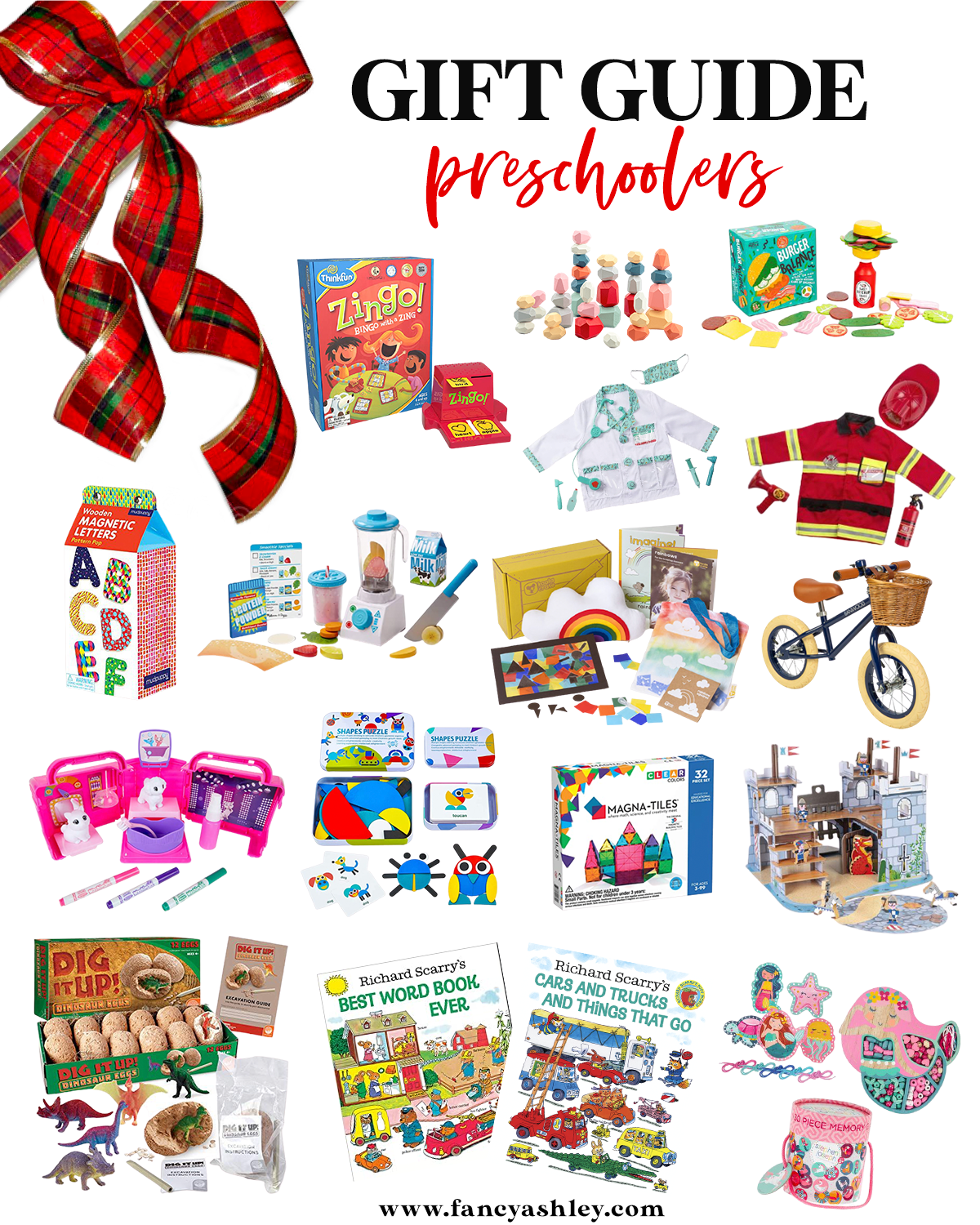 Preschooler Gifts by popular Houston lifestyle blog, Fancy Ashley: collage image of Zingo, Wooden Building block set, Professor Puzzle Burger balance game, Doctor Roll Play Set, Fire Chief role play set, Pattern Pop wooden magnetic letters, Smoothie Making Blender Set, Kiwi Co Crate, Mermaid Memory Puzzle, Balance bike, Crayola Scribbie Scrubbie, Likee Wooden Pattern Blocks, Magna Tiles, Dinosaur egg excavation kit, Best Word Book Ever, and Cars and Trucks and Things that Go Book.