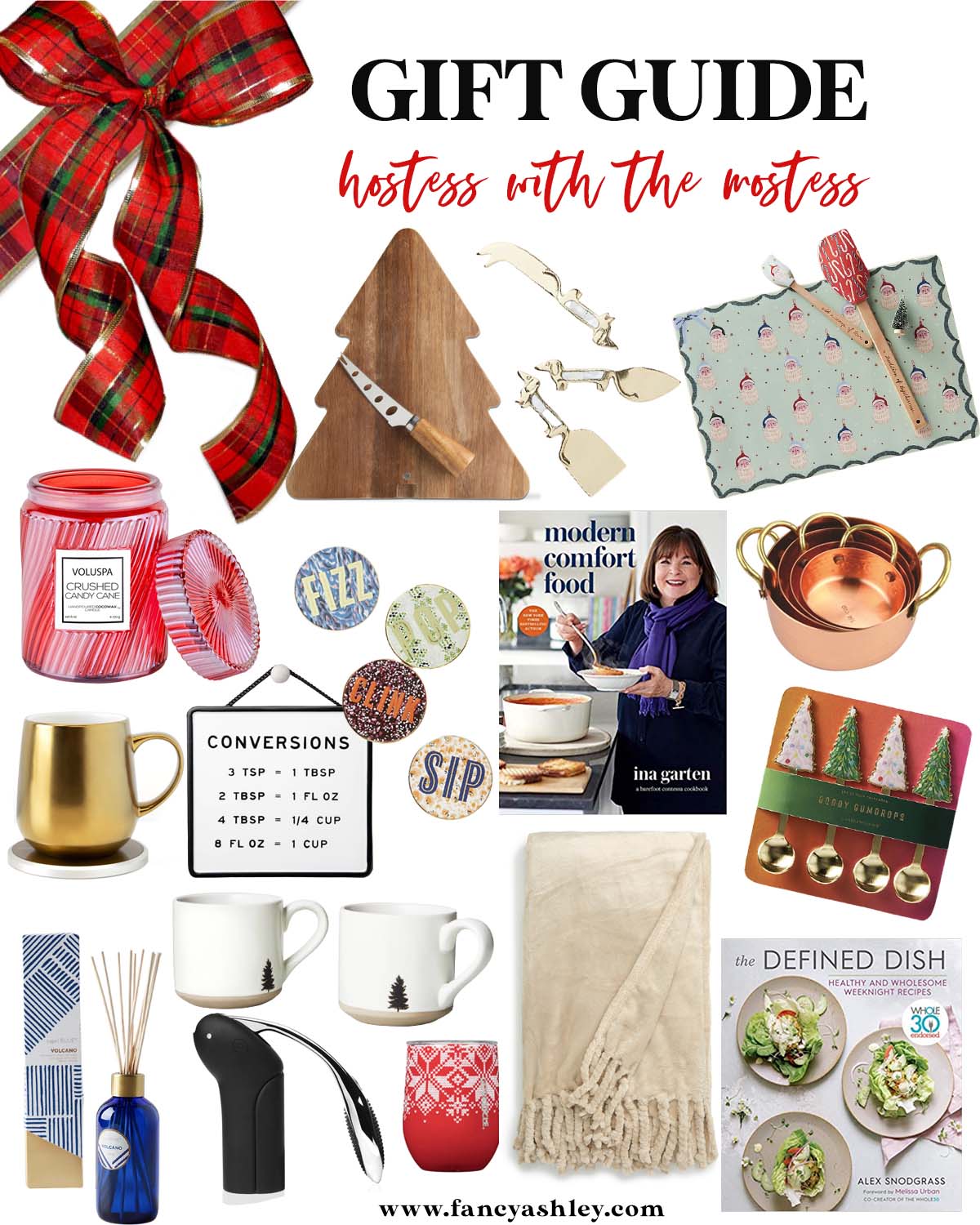 Hostess Gifts by popular Houston life and style blog, Fancy Ashley: collage image of tree shaped cutting board, gold cheese knives, Santa silicone baking mat and red spatula set, Voluspa Candle, coasters, Ina Garten cook book, copper pots, white ceramic mugs, Volcano incense, cream throw blanket, Defined Dish cookbook, mug warmer, conversion sign, and tree spoons. 