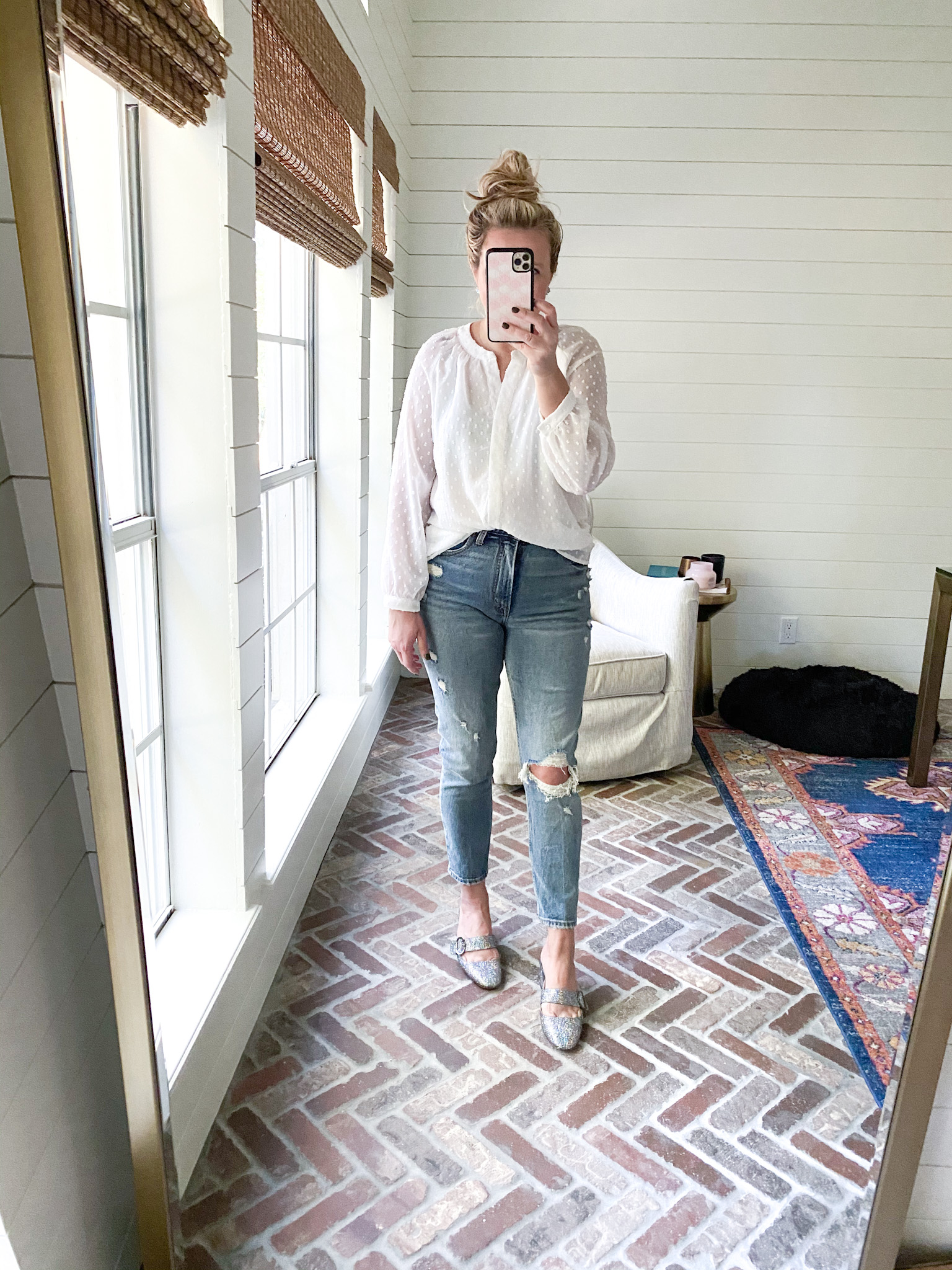 Gibson Look by popular Houston fashion blog, Fancy Ashley: image of a woman wearing a Gibson Look Button Front Blouse, Abercrombie and Fitch distressed jeans, and SJP heels. 