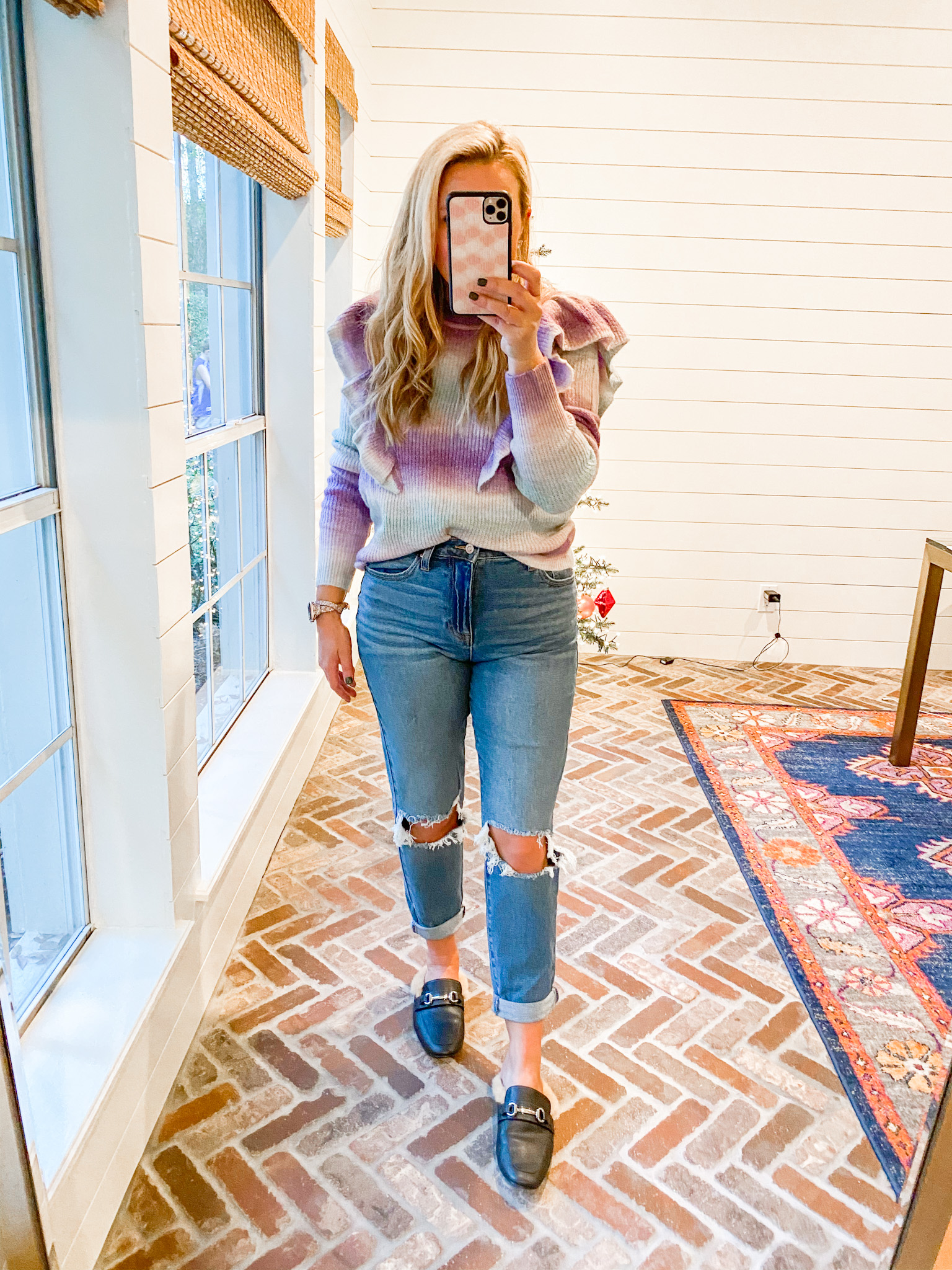 Walmart Womens Clothes by popular Houston fashion blog, Fancy Ashley: image of a woman wearing a Walmart Scoop Women's Space Dye Sweater with Ruffle Trim, faux fur lined black mules, and Walmart No Boundaries Juniors' Mom Jeans.