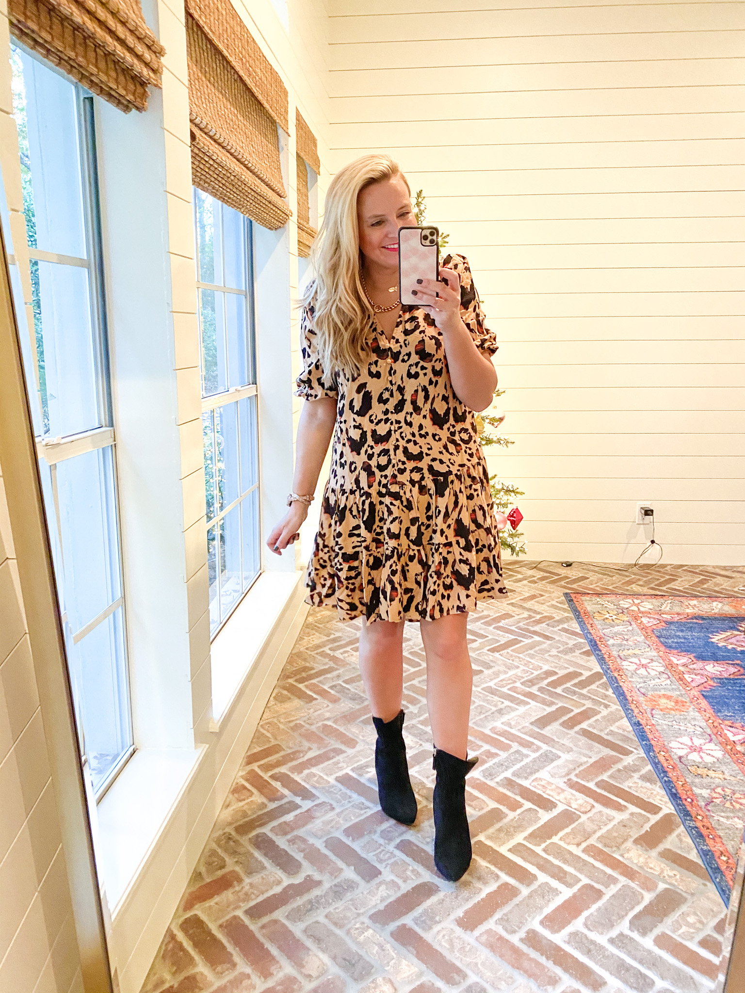 Walmart Womens Clothes by popular Houston fashion blog, Fancy Ashley: image of a woman wearing a Walmart Scoop Women's Printed Tiered Dress and Walmart Scoop black suede booties. 