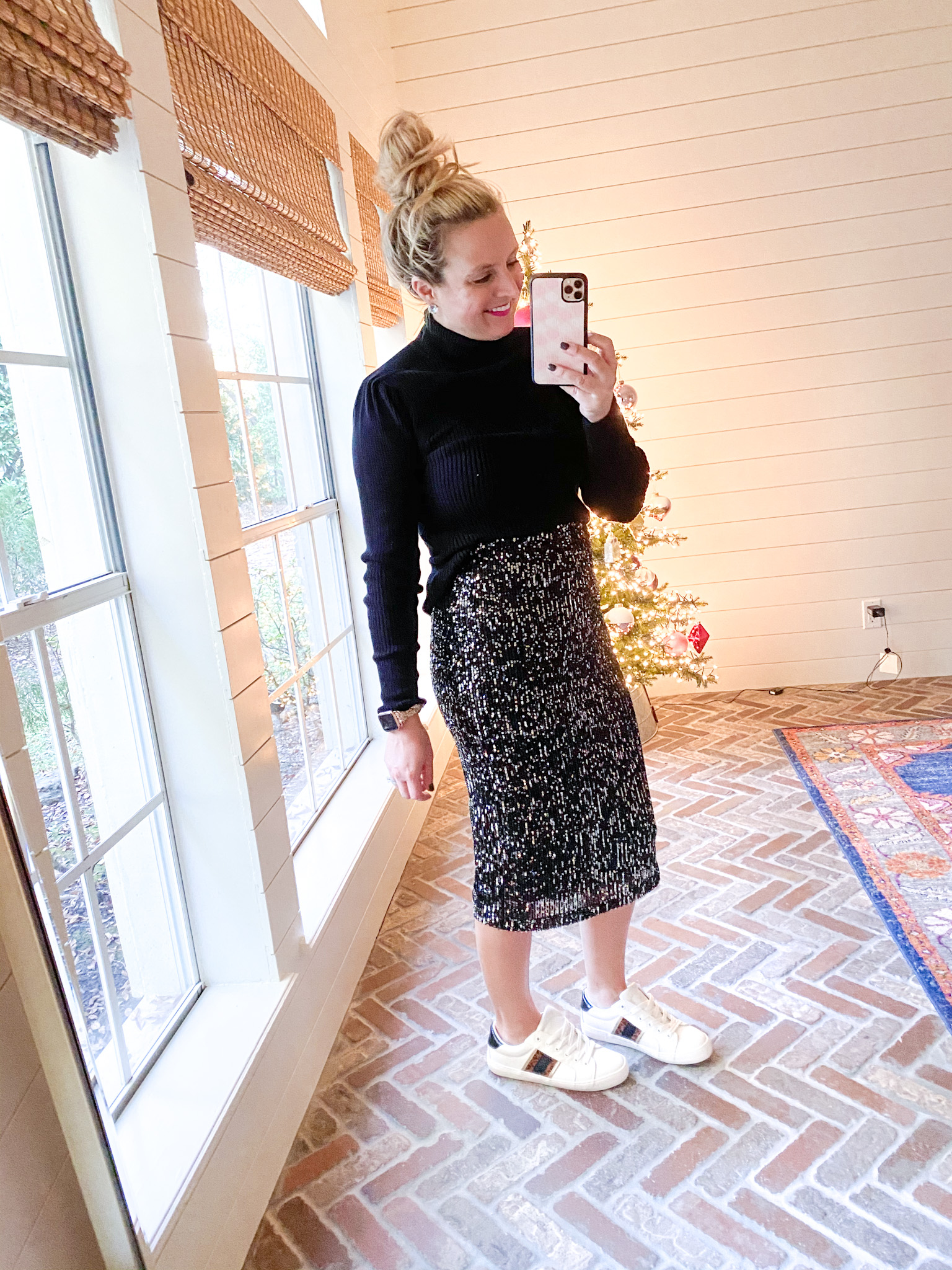 Walmart Womens Clothes by popular Houston fashion blog, Fancy Ashley: image of a woman wearing a Walmart Scoop Women's Mock Neck Top with Ruched Sleeves, Walmart Scoop Sequin skirt, and Walmart white sneakers.