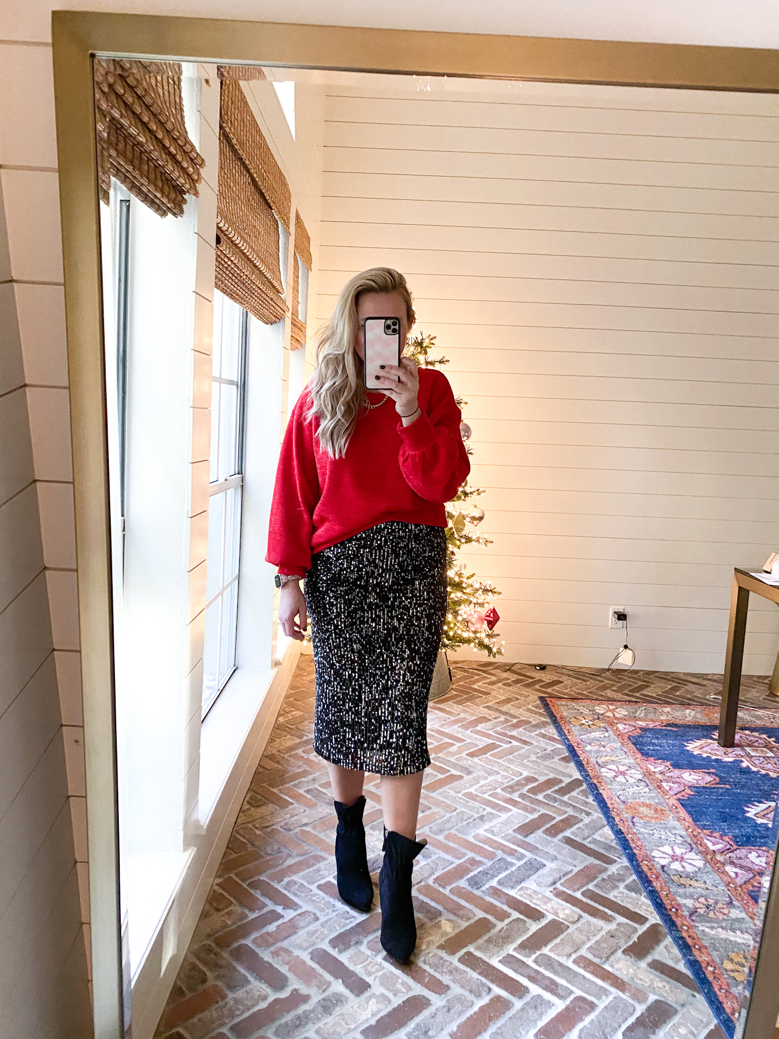 Walmart Womens Clothes by popular Houston fashion blog, Fancy Ashley: image of a woman wearing a Walmart Time and Tru Women's Chenille Sweater Walmart Scoop Sequin skirt, and Walmart Scoop black suede booties.