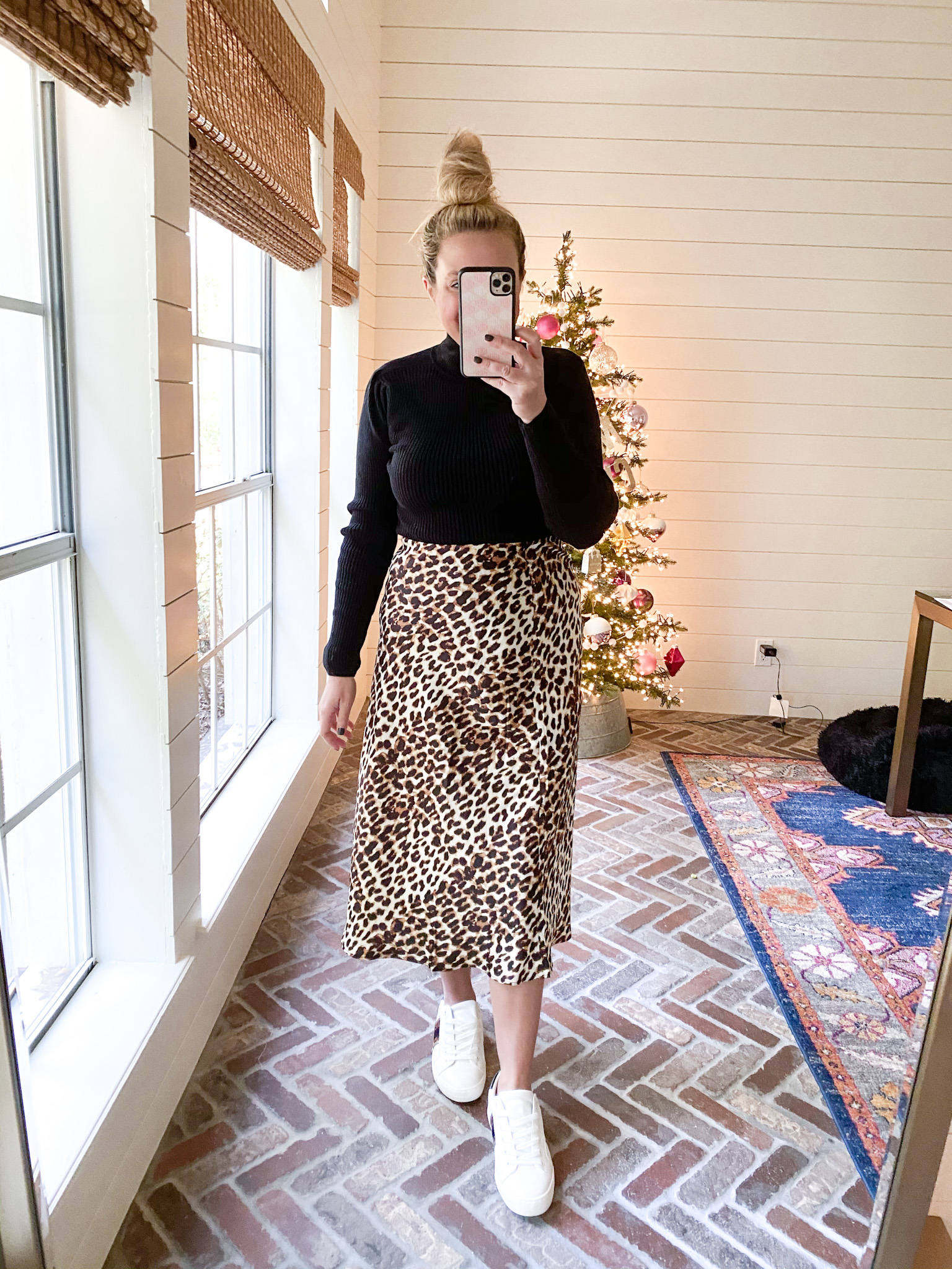 Walmart Womens Clothes by popular Houston fashion blog, Fancy Ashley: image of a woman wearing a Walmart Scoop Women's Mock Neck Top with Ruched Sleeves, Walmart Scoop Women’s Printed Midi Slip Skirt and Walmart white sneakers.