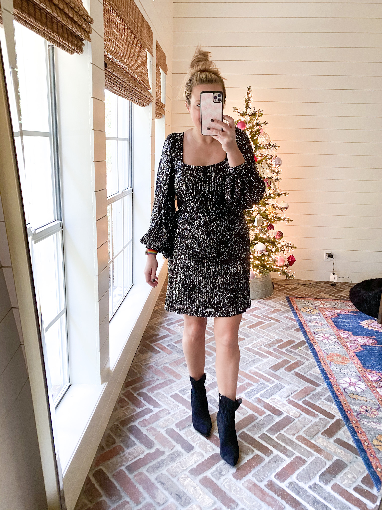 Walmart Womens Clothes by popular Houston fashion blog, Fancy Ashley: image of a woman wearing a Walmart Scoop Women's Sequin Dress with Bishop Sleeves and Walmart Scoop black suede booties.