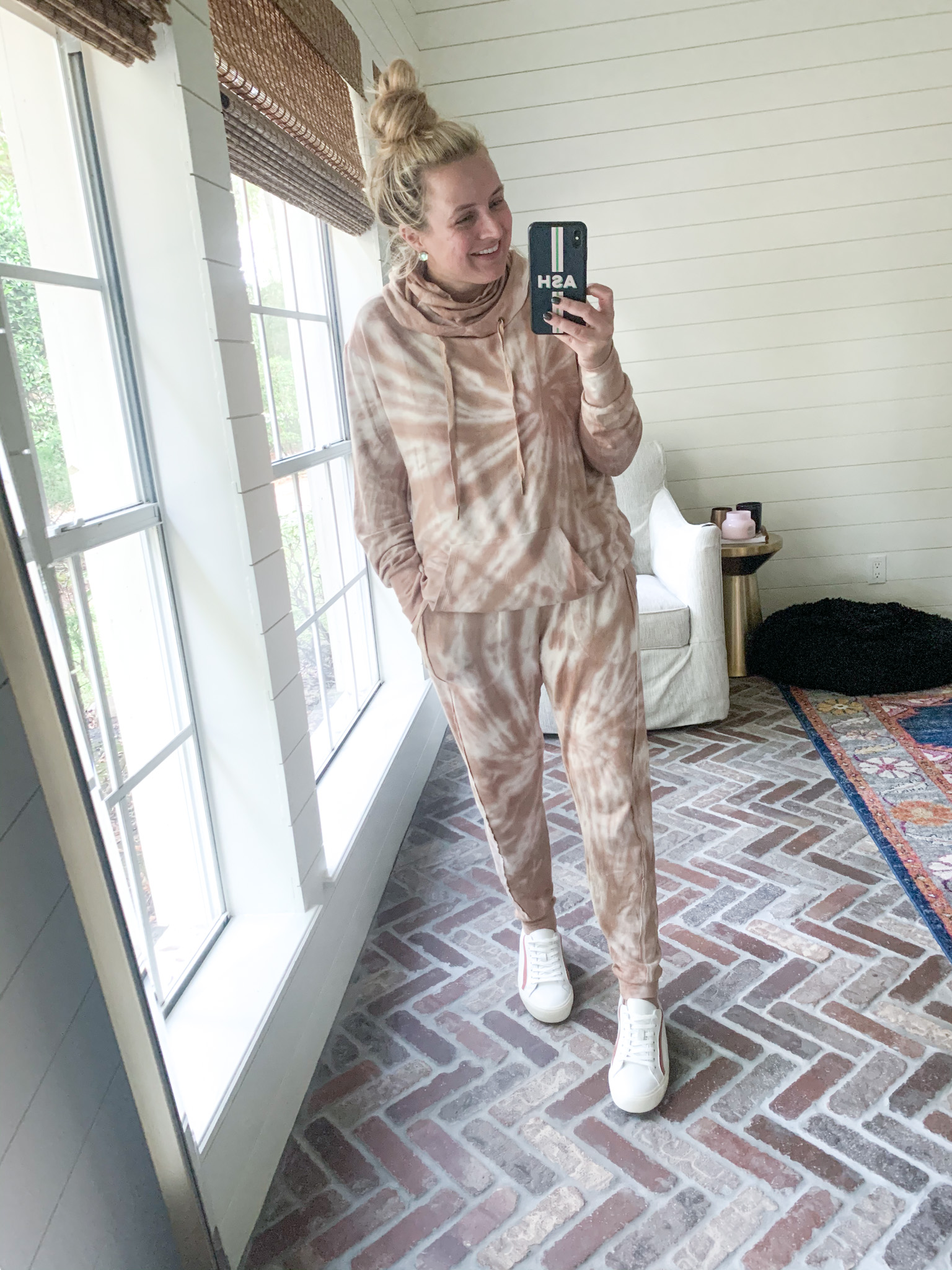 Walmart Womens Clothes by popular Houston fashion blog, Fancy Ashley: image of a woman wearing a Walmart Scoop Women's tie dye French Terry Hoodie and Scoop Women's tie dye Joggers with Front Seaming.