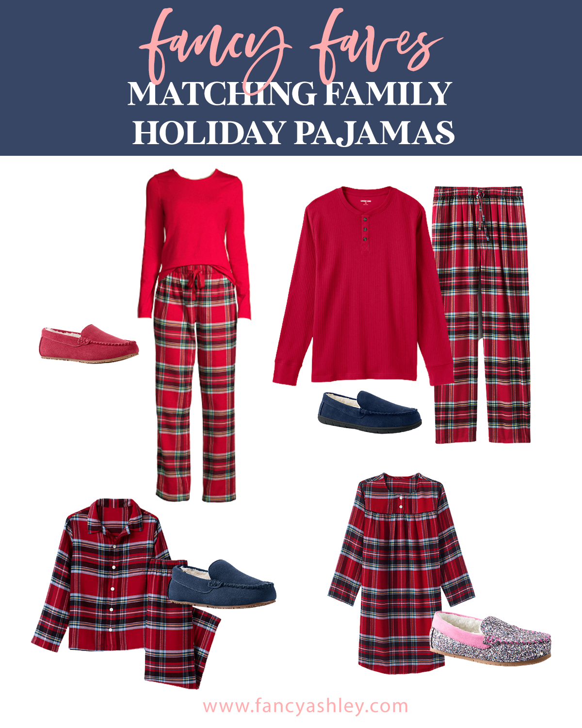 Family Christmas Pajamas by popular Houston fashion blog, Fancy Ashley: collage image of Land's End red plaid pajamas and moccasin slippers. 