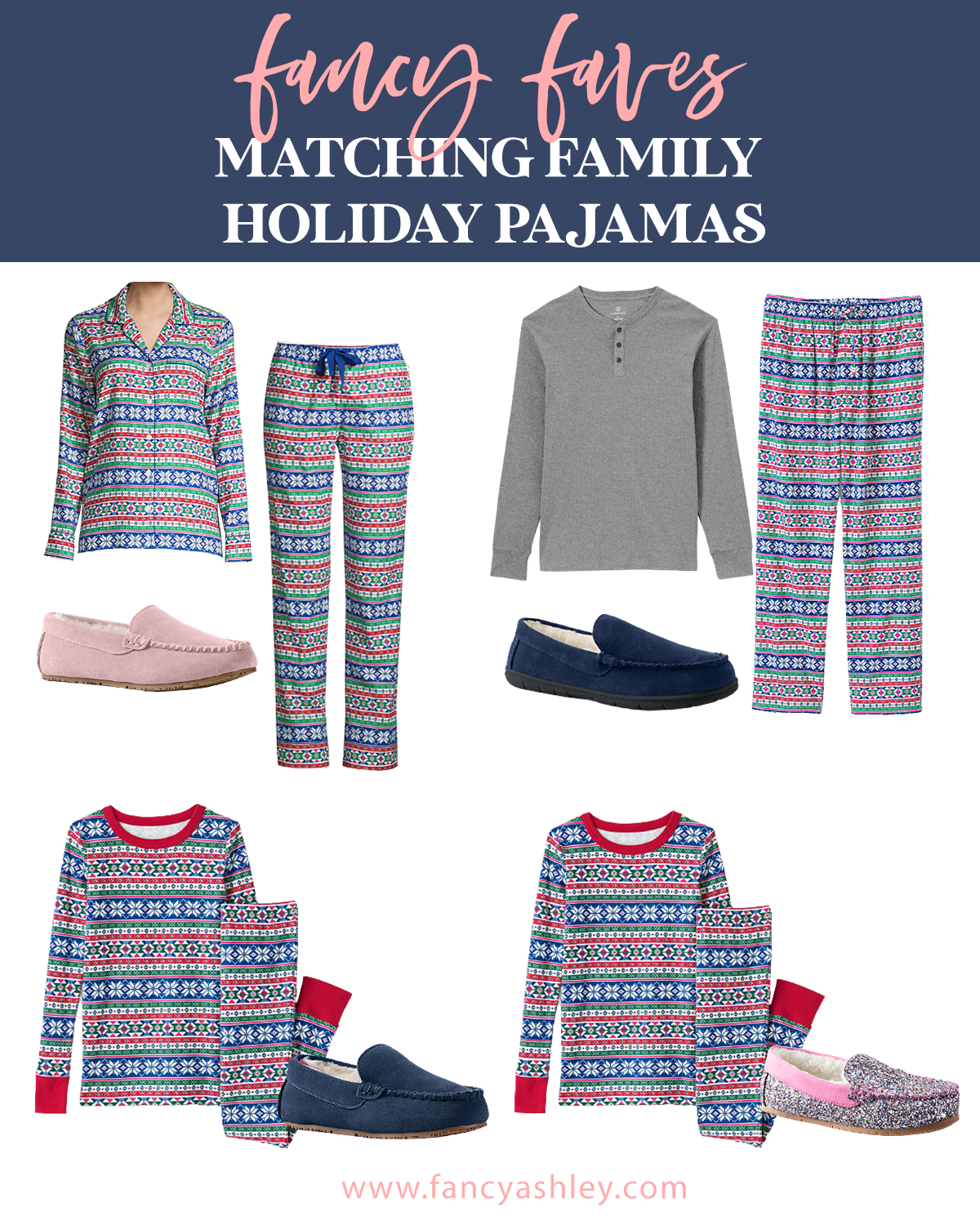 Family Christmas Pajamas by popular Houston fashion blog, Fancy Ashley: collage image of Land's End Nordic pajamas and moccasin slippers. 