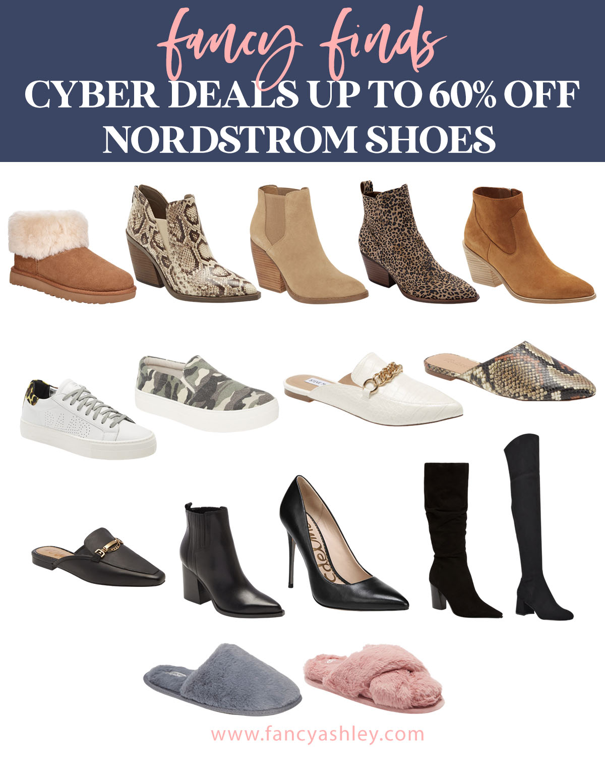 Black Friday Sales by popular Houston life and style blog, Fancy Ashley: collage image of Nordstrom ankle boots, sneakers, knee high boots, mules and slippers. 