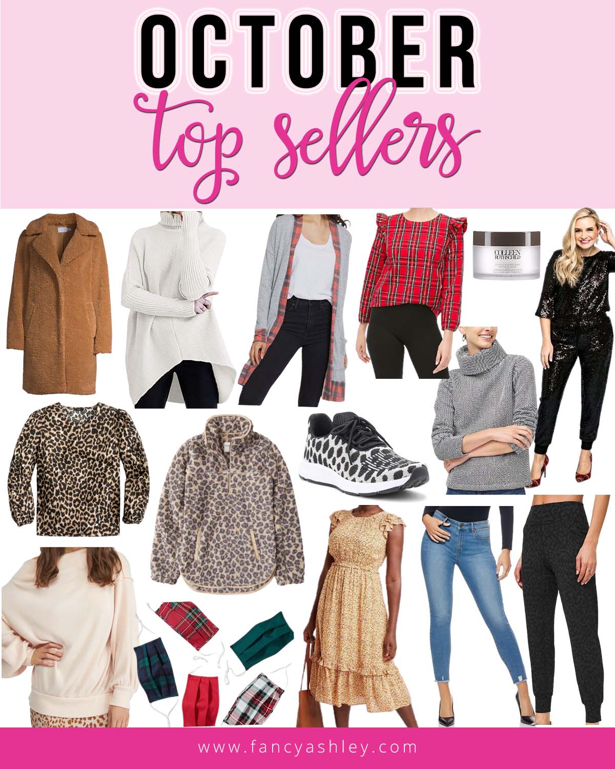 Top Selling Items by popular Houston fashion blog, Fancy Ashley: collage image of plaid face masks, black sequin jumpsuit, leopard print shirt, leopard print fleece pullover, plaid ruffle top, jeans, grey turtle neck sweater, Colleen Rothschild peel pads, cardigan, floral print ruffle hem dress, leopard print joggers, cream batwing sweater, and pullover tunic turtle neck sweater.  