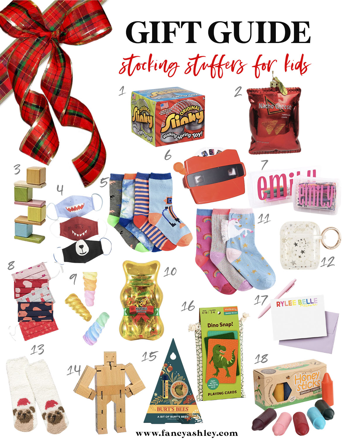 Kids Stocking Stuffers by popular Houston life and style blog, Fancy Ashley: collage image of animal mouth face masks, slinky, view finder, Doritos chips, unicorn sock set, air pods case, jumbo crayons, puppy socks, Dino Snap card game, personalized stationary, personalized penicil case, cuebot micro, animal print face masks, and Burts bees lip set.