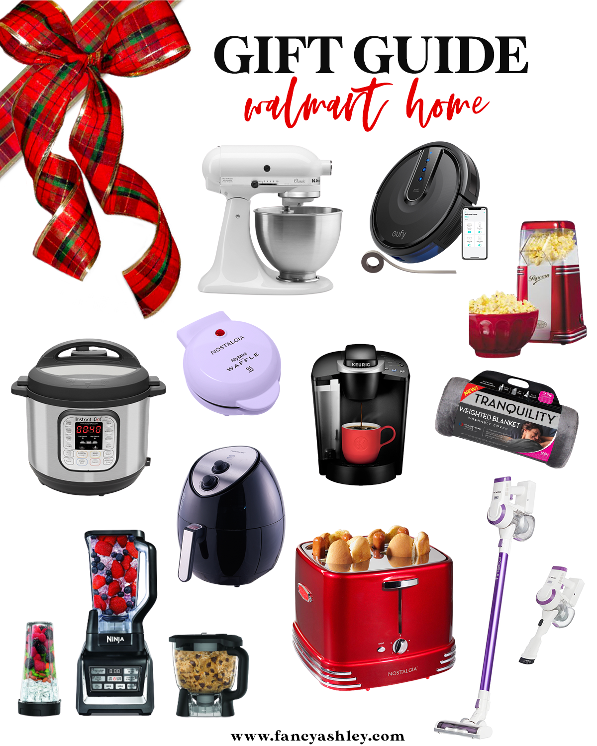 Walmart Gift Ideas by popular Houston life and style blog, Fancy Ashley: collage image of a roomba vacuum, Insta Pot, mini waffle iron, hot dog and bun toaster, Ninja blender, Tranquility weighted blanket, coffee maker, popcorn popping machine, white Kitchen aid, air fryer and stick vac. 