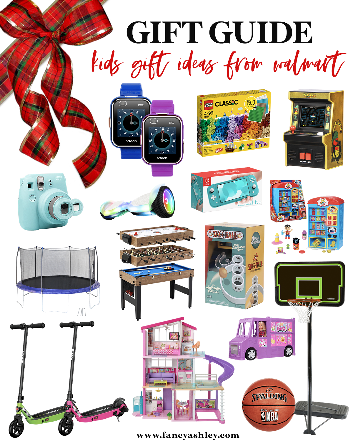 Walmart Gift Ideas by popular Houston life and style blog, Fancy Ashley: collage image of a vtech watches, game table, trampoline, razor scooter, instax camera, basketball and basketball hoop, mini arcade game, legos, nintento, skee ball, Barbie house, Barbie food truck, and a hover board. 