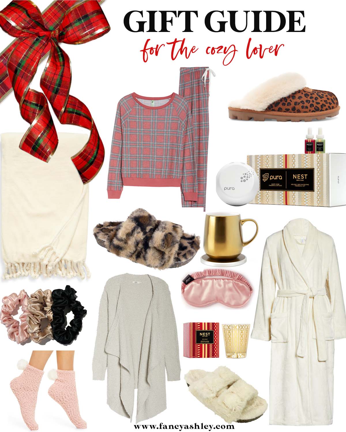 Cozy Gifts by popular Houston life and style blog, Fancy Ashley: collage image of plaid pajamas, cream color rob, grey cardigan, pink silk sleep mask, leopard print UGG slippers, Nest spray, gold mug and mug warmer, cream blanket, Nest candle, silk scrunchies, pink fuzzy socks, and fuzzy slipper sandals.