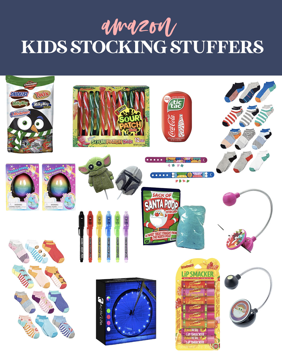 Stocking Stuffers from Amazon by popular Houston life and style blog, Fancy Ashley: collage image of crazy socks, sour patch candy canes, Santa Poop, book lights, bike tire lights, fun size candy bar bag, lip smacker set, tic-tacs, secret agent pen, and unicorn rainbow egg. 