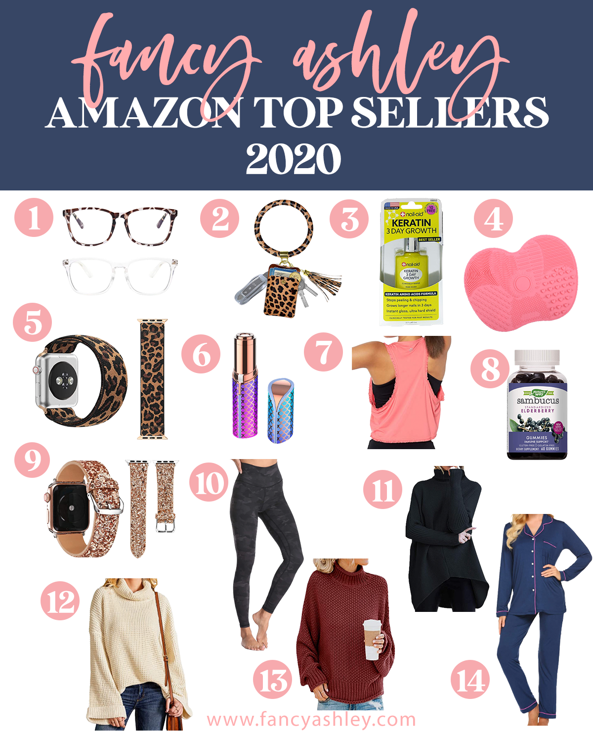 Top Amazon Products by popular Houston life and style blog, Fancy Ashely: collage image of Amazon blue light glasses, leopard print key ring, silicone brush cleaning pad, leopard print apple watch band, racer back workout tank, gold glitter smart watch band, black leggings, black turtleneck tunic sweater, tan bell sleeve knit sweater, blue pajama set, maroon long sleeve turtleneck sweater, Nail-Aid Keratin 3 day growth, Sambucus elderberry gummies, and a mermaid FINISHING TOUCH Flawless Women's Painless Hair Remover.