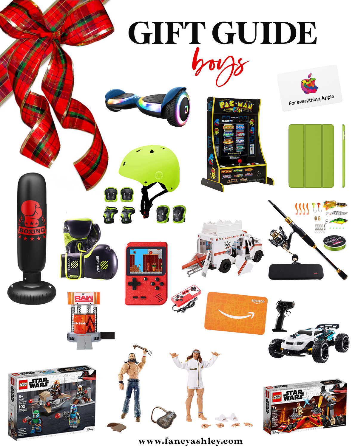 Gift Ideas for Boys by popular Houston life and style blog, Fancy Ashley: collage image of a hover board, green helmet, amazon gift card, remote control car, game boy, punching bag, boxing gloves, Star Wars LEGO set, fishing pole, fishing gear, action figures, apple gift card, ipad cover, and Pac Man arcade game. 