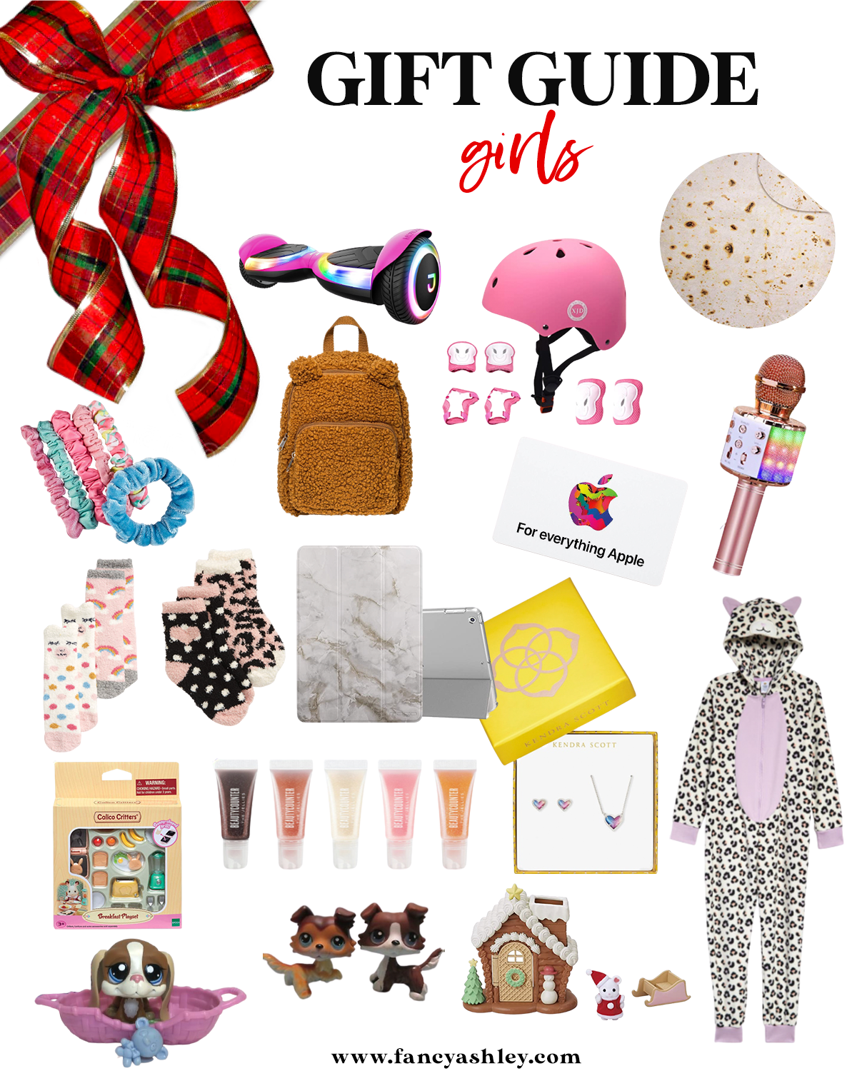 Gift Ideas for Girls by popular Houston life and style blog, Fancy Ashley: collage image of Jetson hover board, pink helmet, burrito blanket, apple gift card, wireless karaoke microphone, bear mini backpack, scrunchie pack, rainbow socks, animal print socks, marble ipad cover, breakfast play set, mini lip gloss set, Kendra Scott gift set, hooded PJ onesie, basset hound pet, collie dog pet, and gingerbread playhouse. 