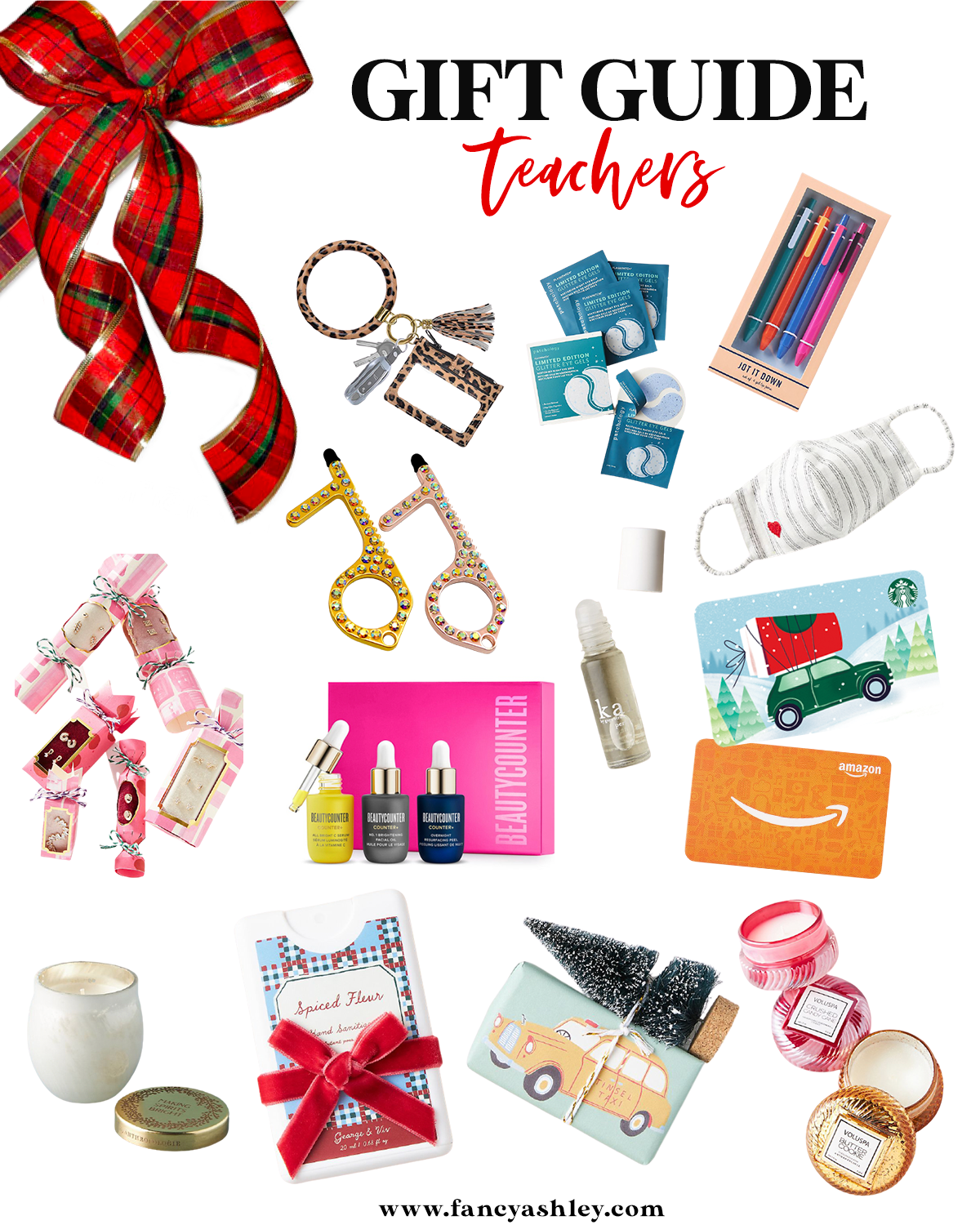 Teacher Gift Ideas by popular Houston life and style blog, Fancy Ashley: colage image of a candle, Amazon gift card, Starbucks gift card, face mask, key ring, pens, silicone eye patches, hand sanitizer trio, cracker box earrings, no touch key ring, and mini beauty counter set. 