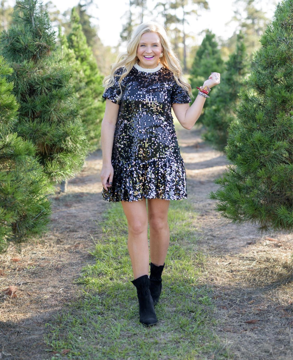 November Outfits by popular Houston fashion blog, Fancy Ashley: image of a woman wearing a black sequin dress and black ankle boots. 