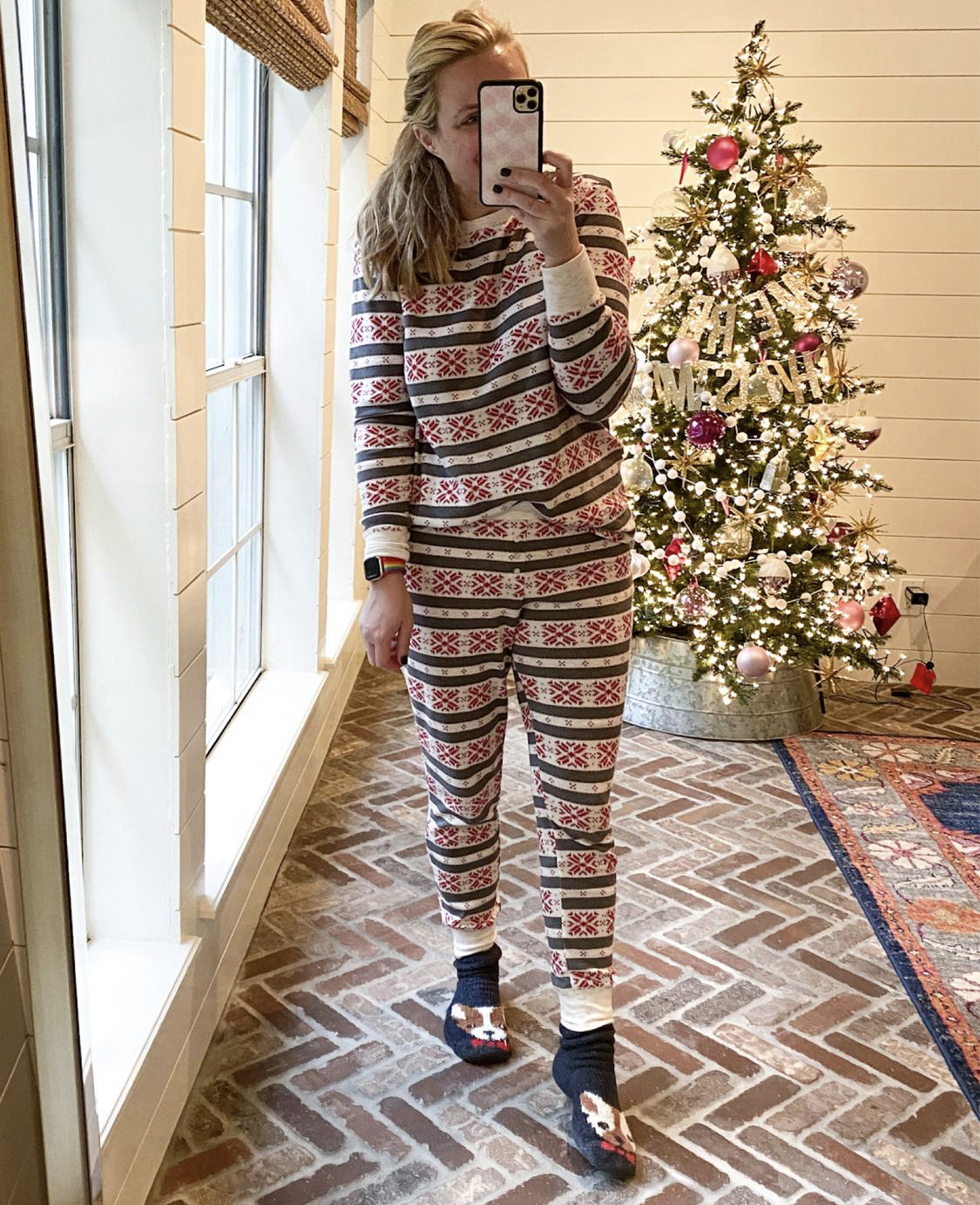 November Outfits by popular Houston fashion blog, Fancy Ashley: image of a woman wearing a pair of Nordic Christmas pajamas. 