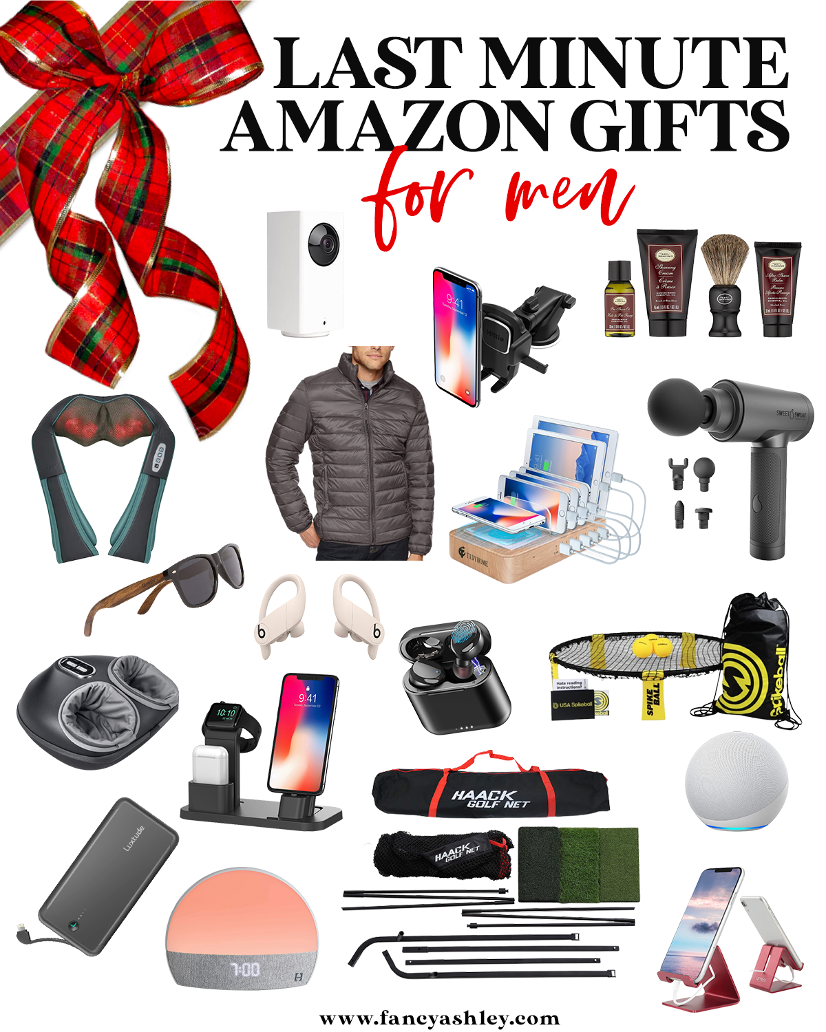 Last Minute Gifts from Amazon by popular Houston life and style blog, Fancy Ashley: collage image of a neck massager, puffer jacket, sunglasses, bose ear buds, foot massager, portable charger, phone stand, beard grooming set, spike ball, charging station, airpods, haack golf net, hatch alarm clock, and massager gun. 