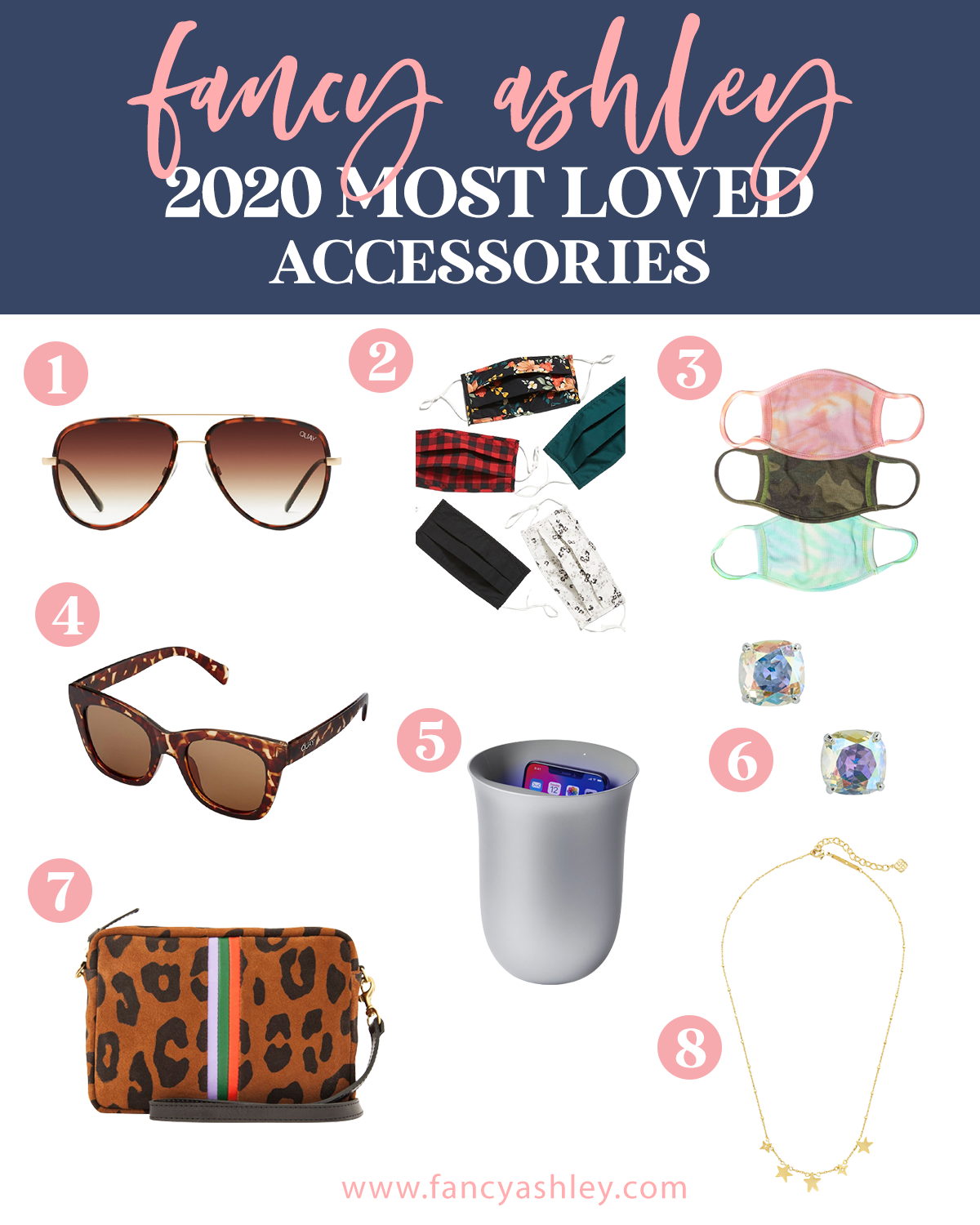 Fashion Accessories by popular Houston fashion blog, Fancy Ashley: collage image of sunglasses, fabric face masks, gold star necklace, CZ stud earrings, leopard print bag, and Oblio Wireless Charger & UV Cleaner.